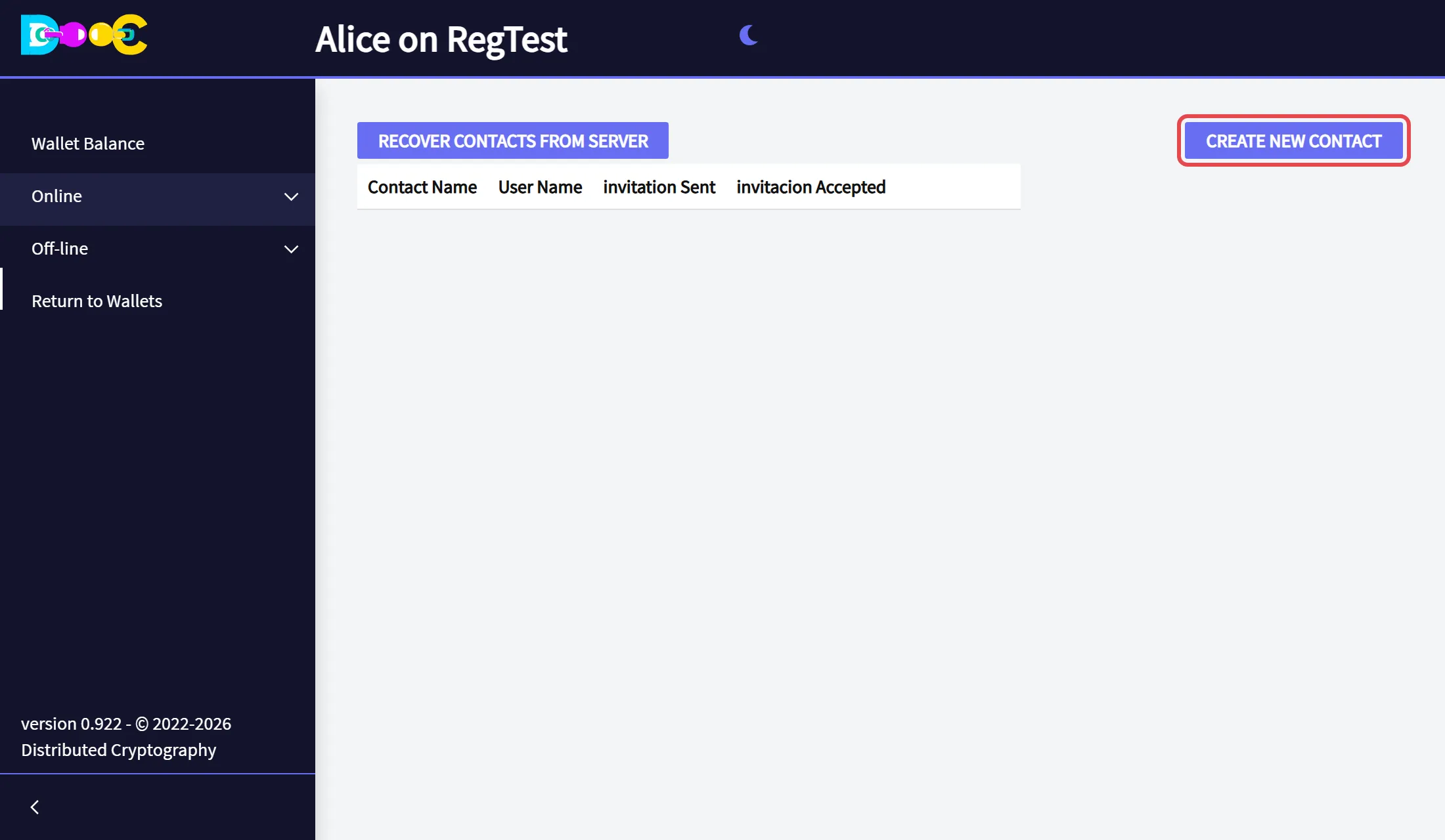 The Contacts page with the button Create new contact