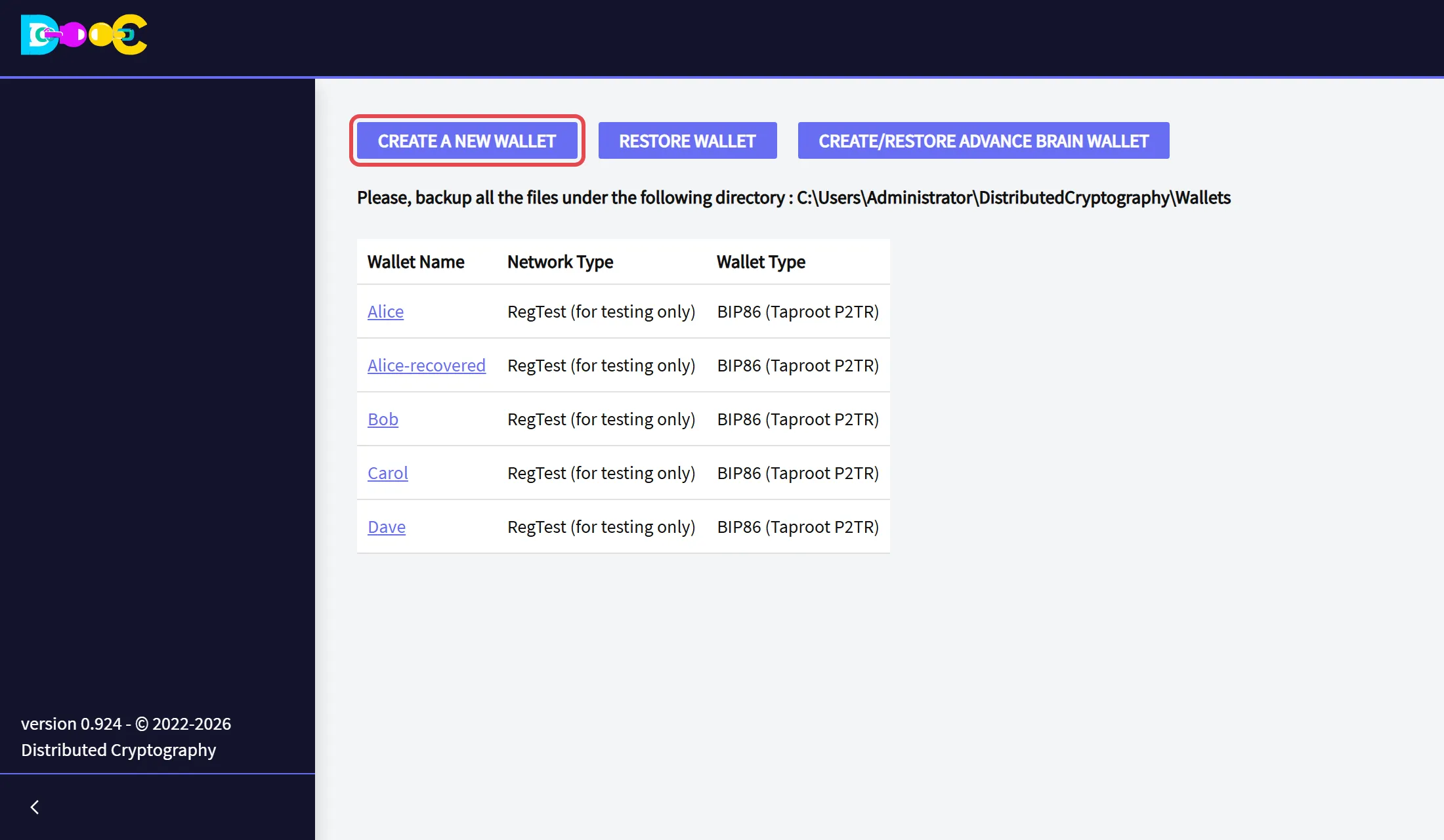 The wallets page with the button Create a New Wallet