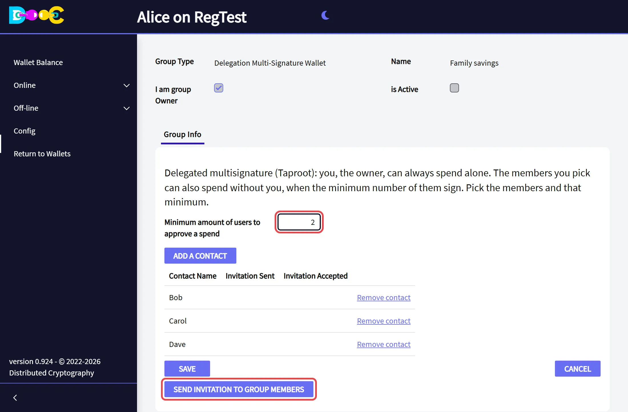 The members, the minimum number of signers and the button Send invitation to group members