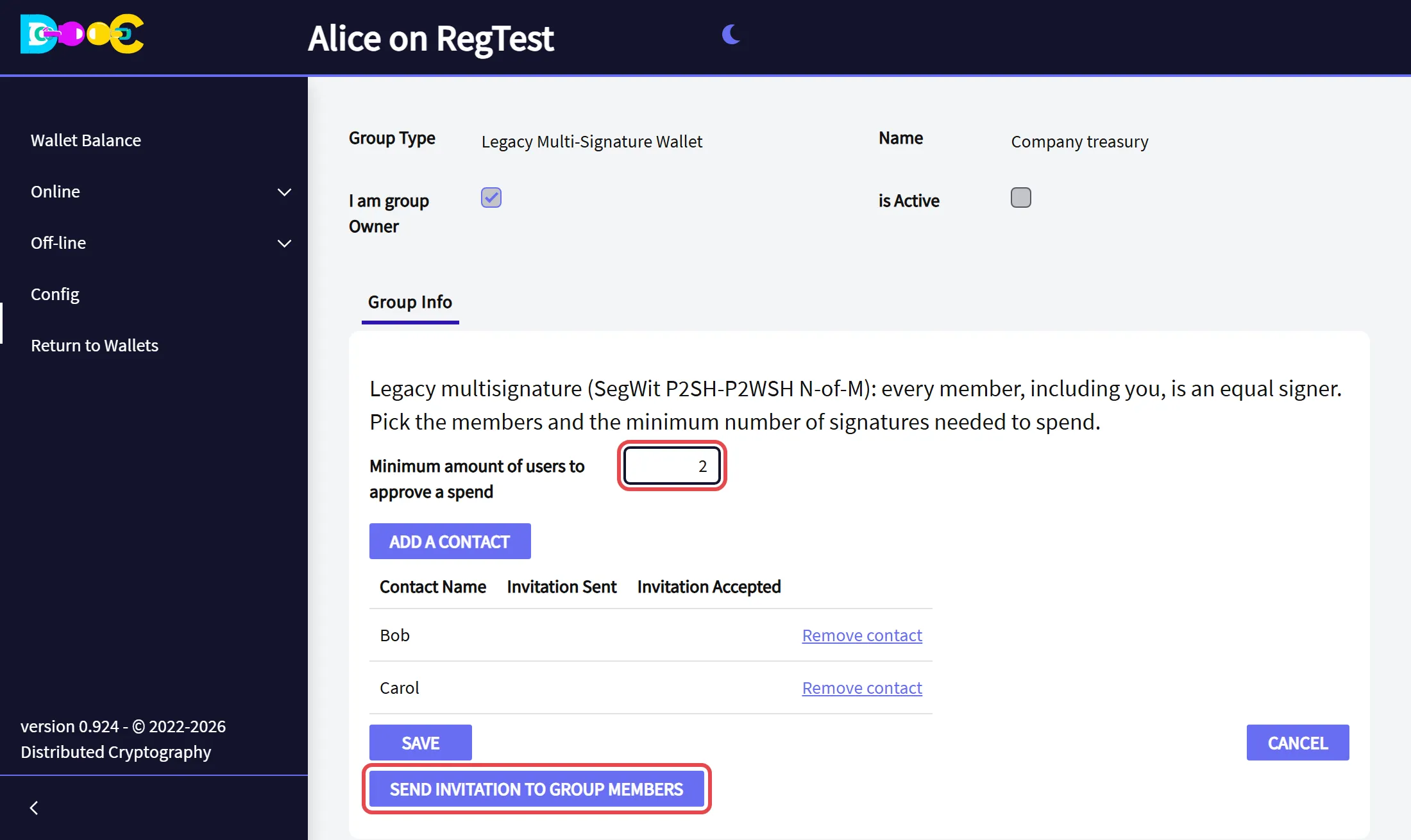 The members, the minimum number of signers and the button Send invitation to group members