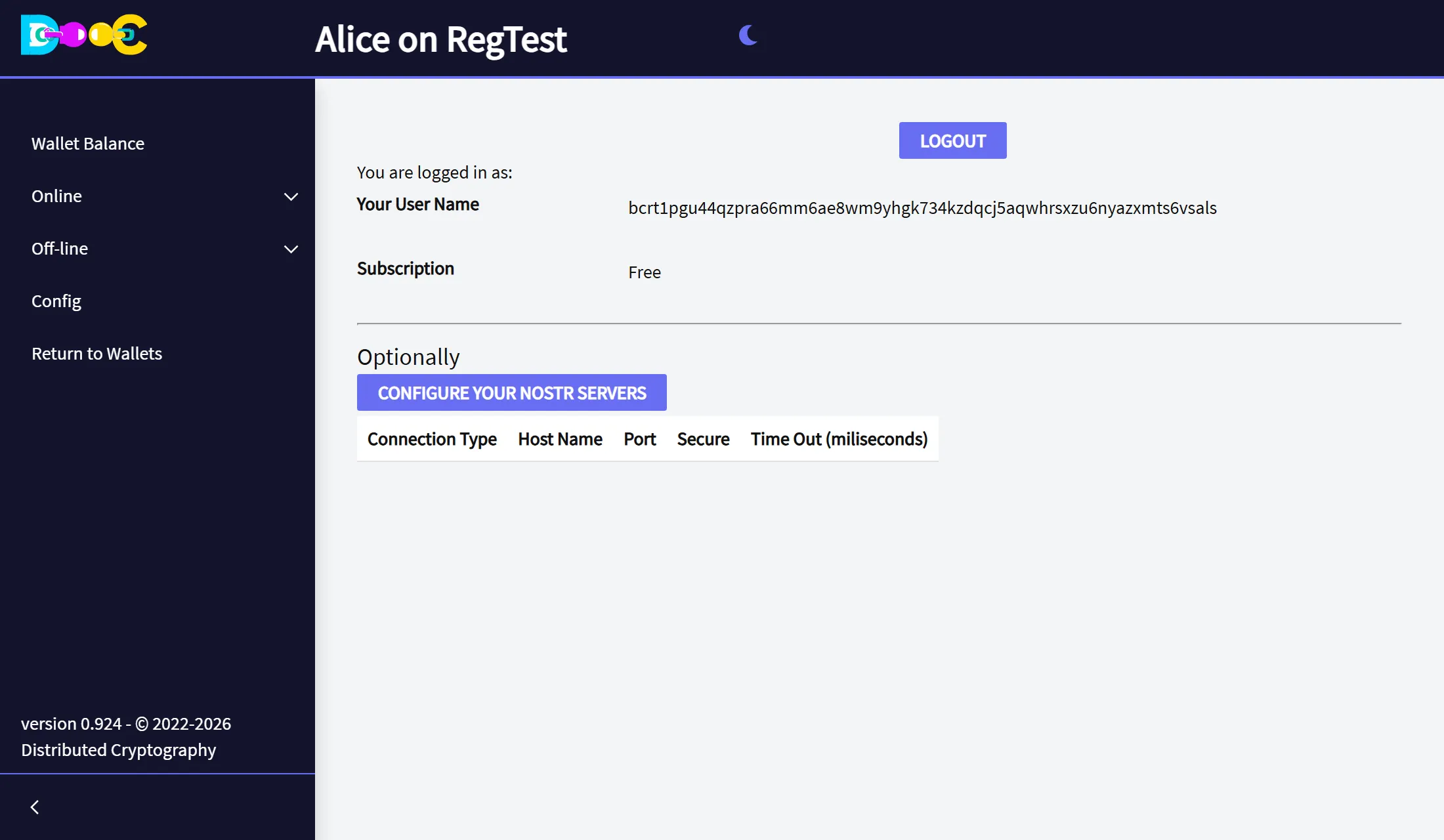 The page after logging in, with the user name