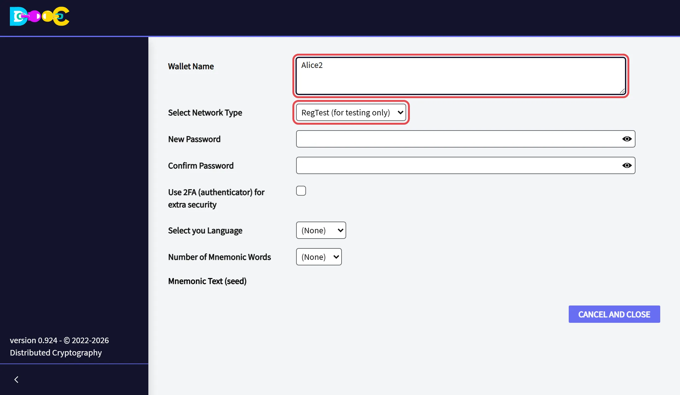 The wallet name and the network type