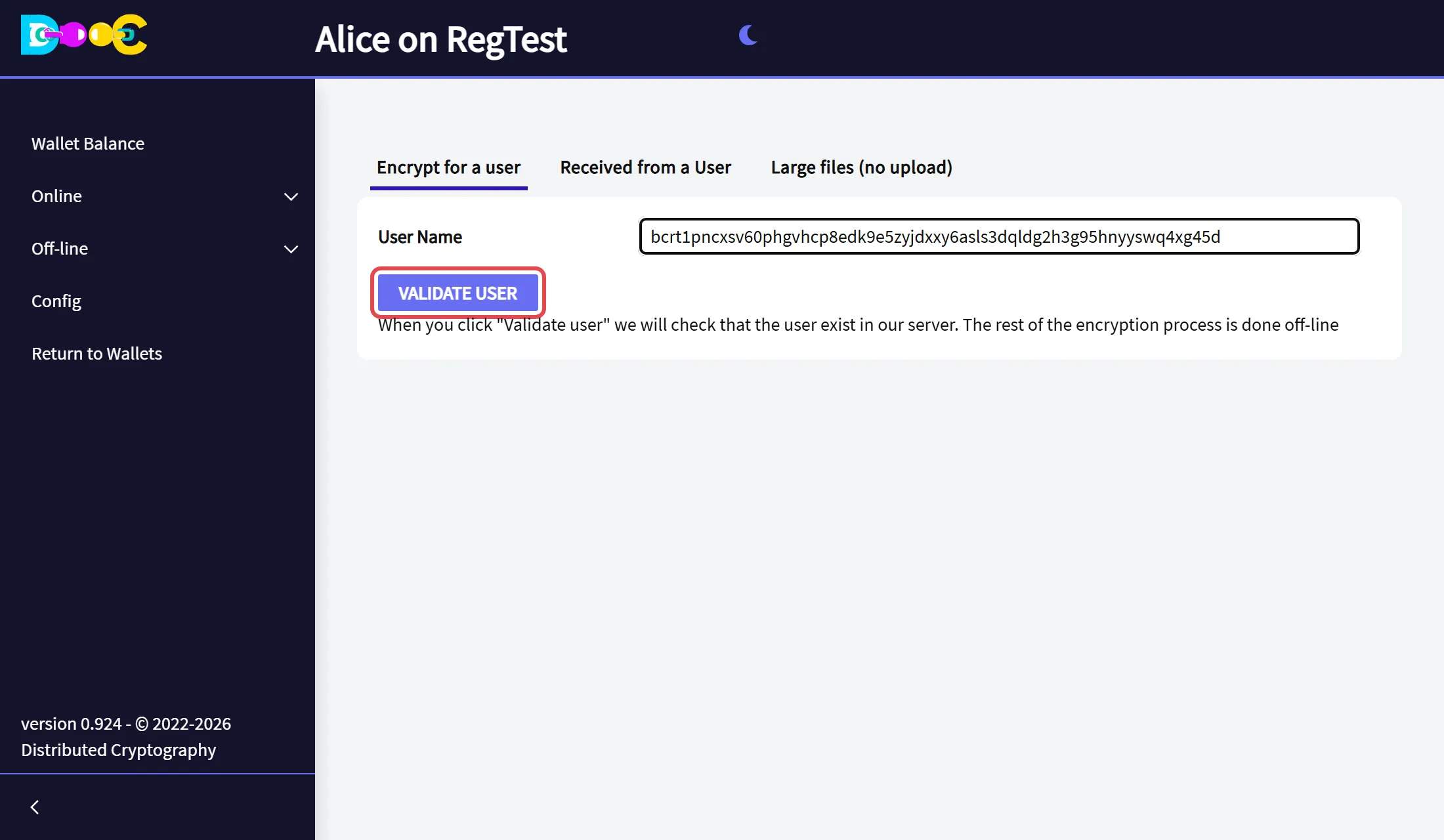 The user name typed, and the Validate user button