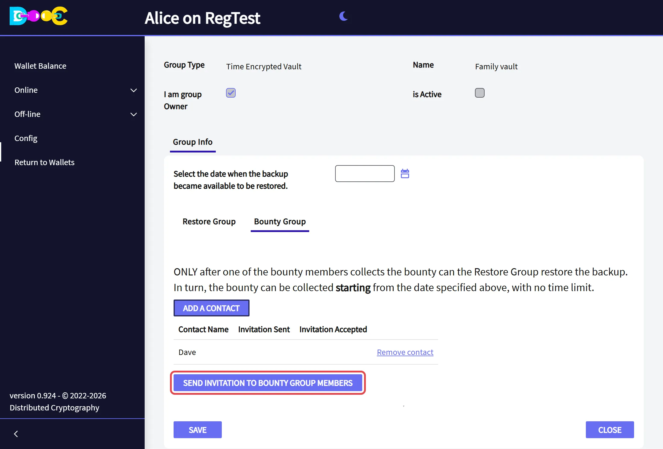 The Bounty Group tab with one member and the button Send invitation to bounty group members