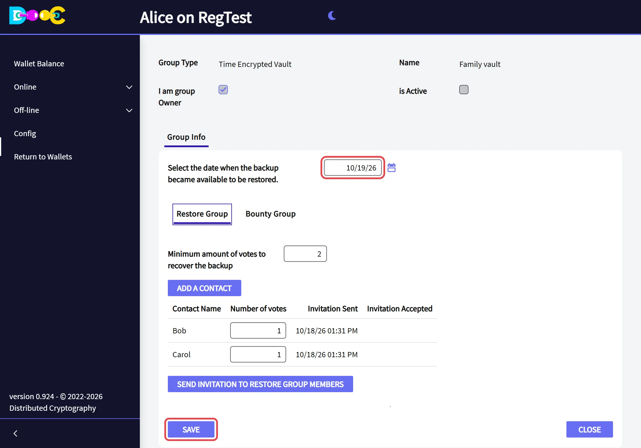 The restore date, the restore group with its votes and minimum, and the Save button