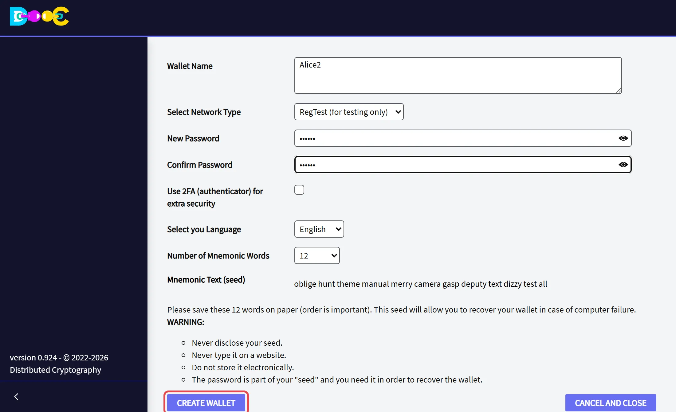 The Create Wallet button