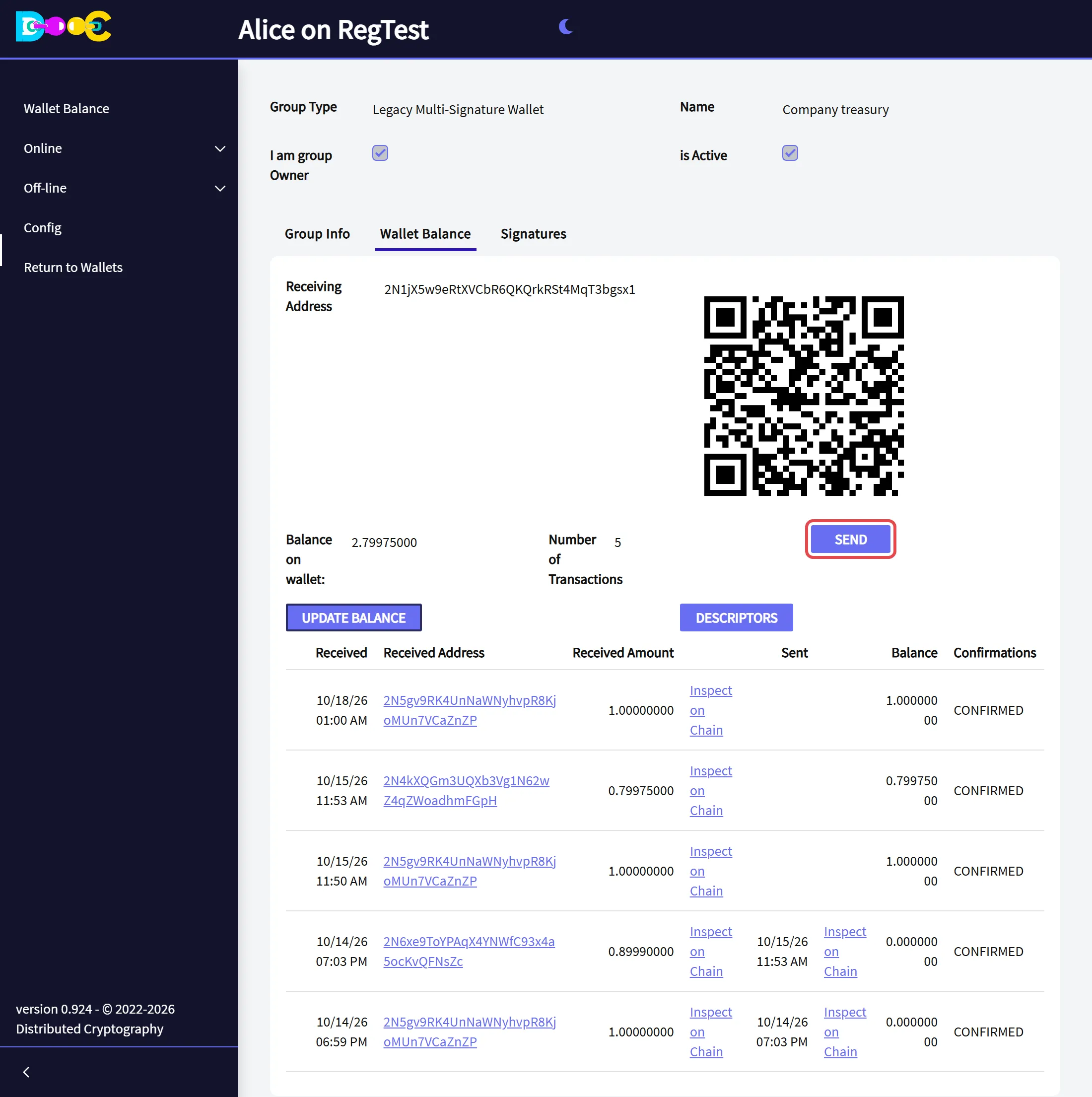 The balance of the group after receiving a payment, and the Send button