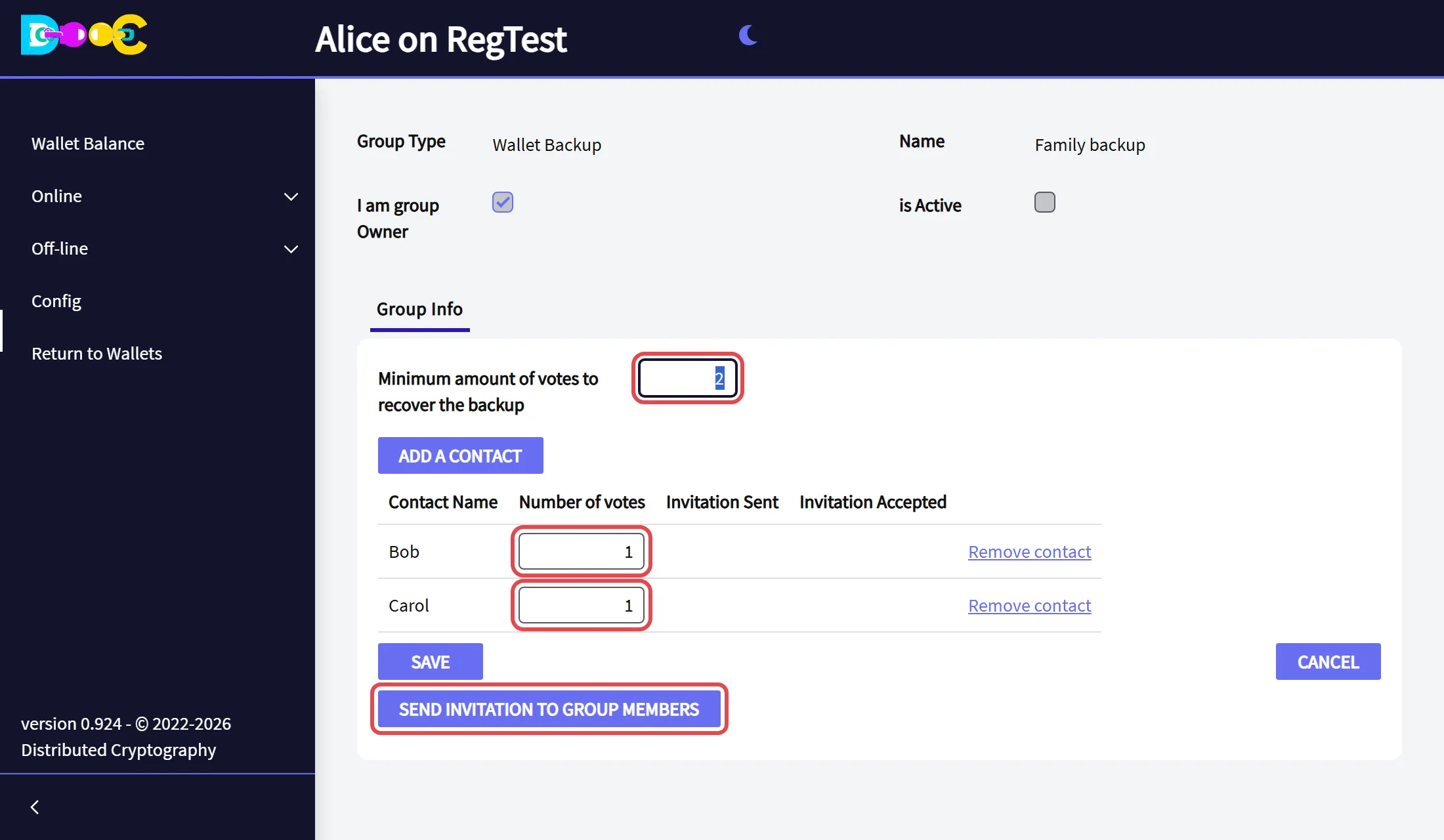 The votes of each member, the minimum, and the button Send invitation to group members