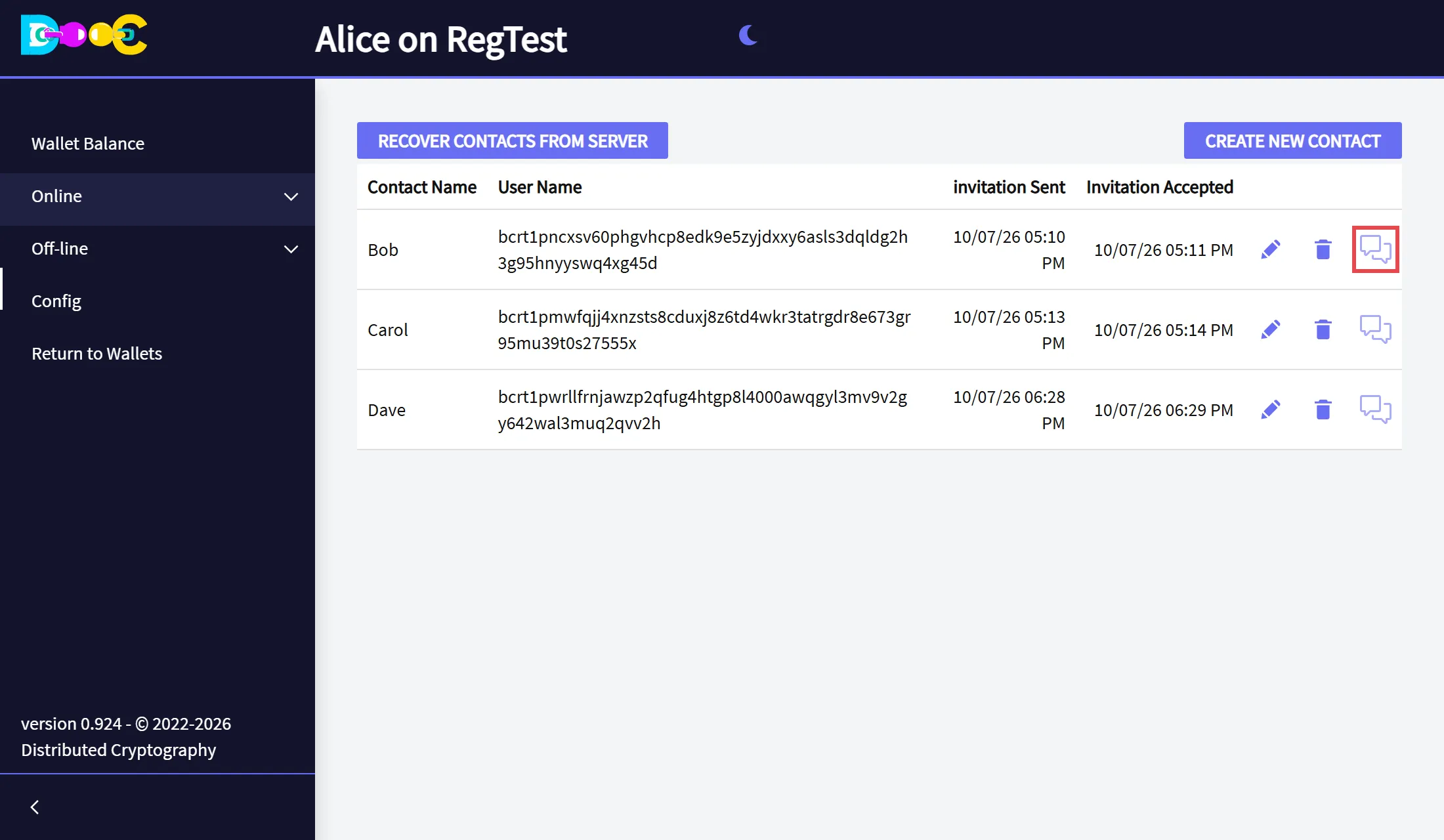 The accepted contact with the chat icon