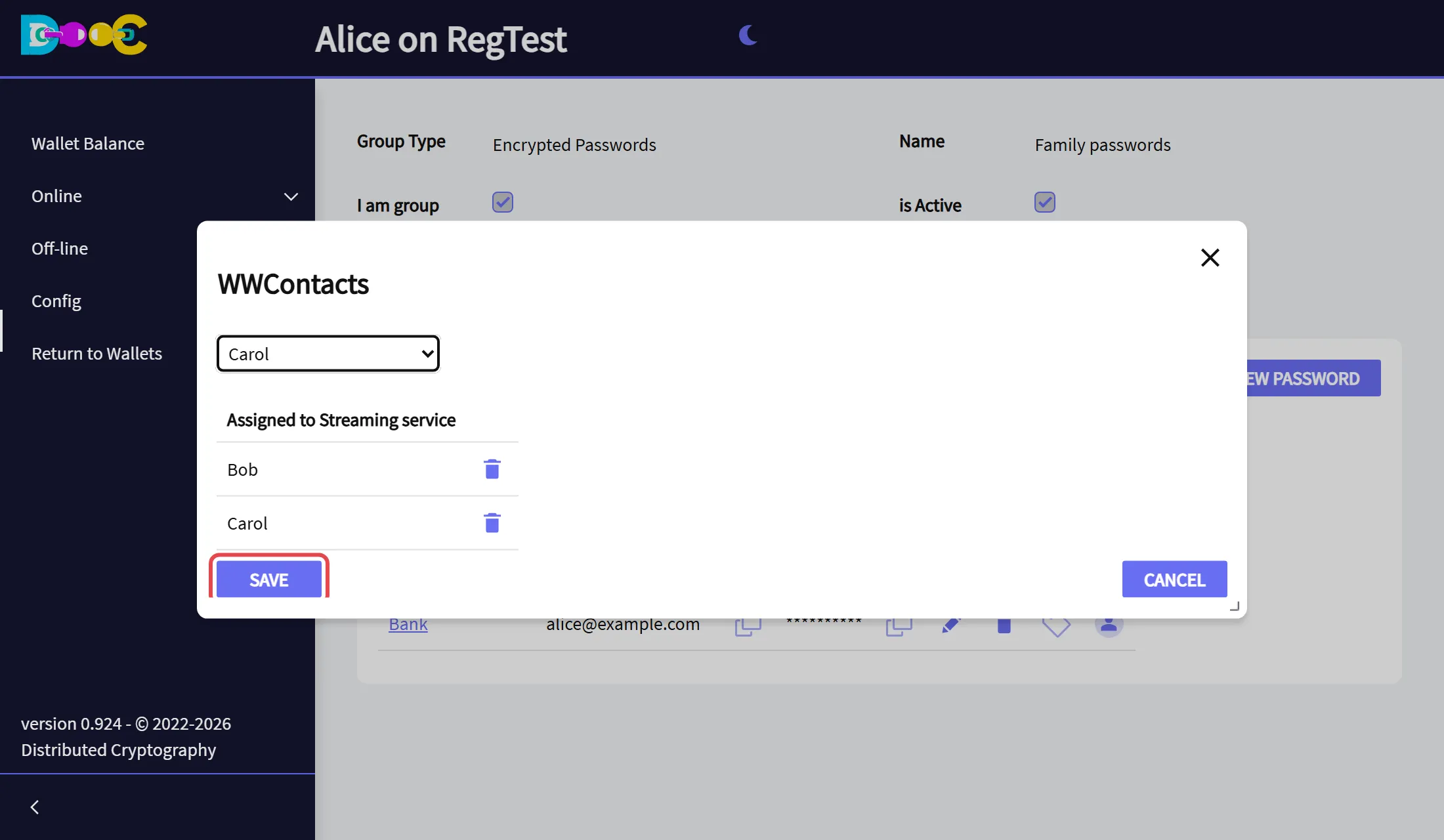 Two members assigned to the password, and the Save button