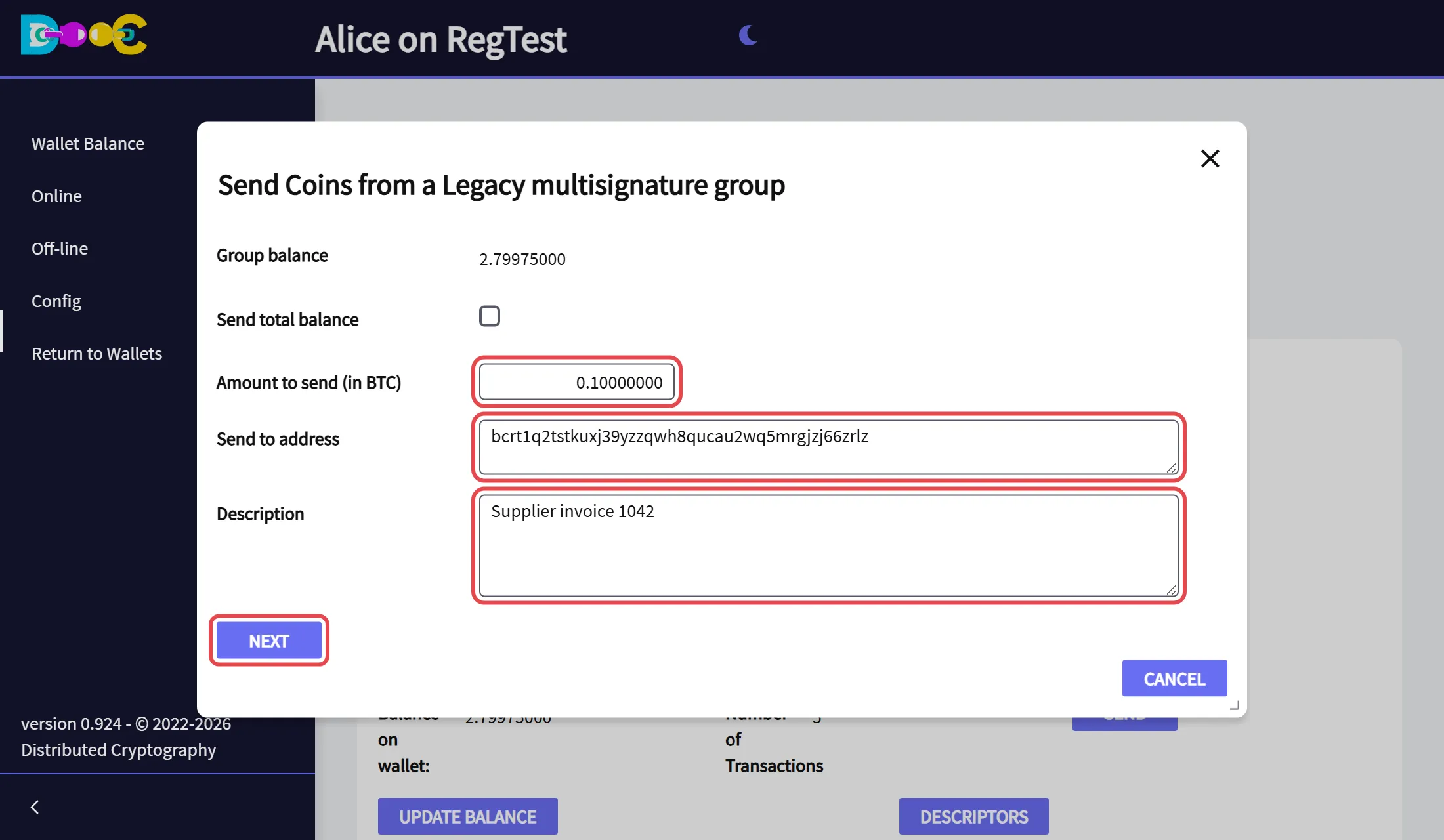 The payment: amount, address and description