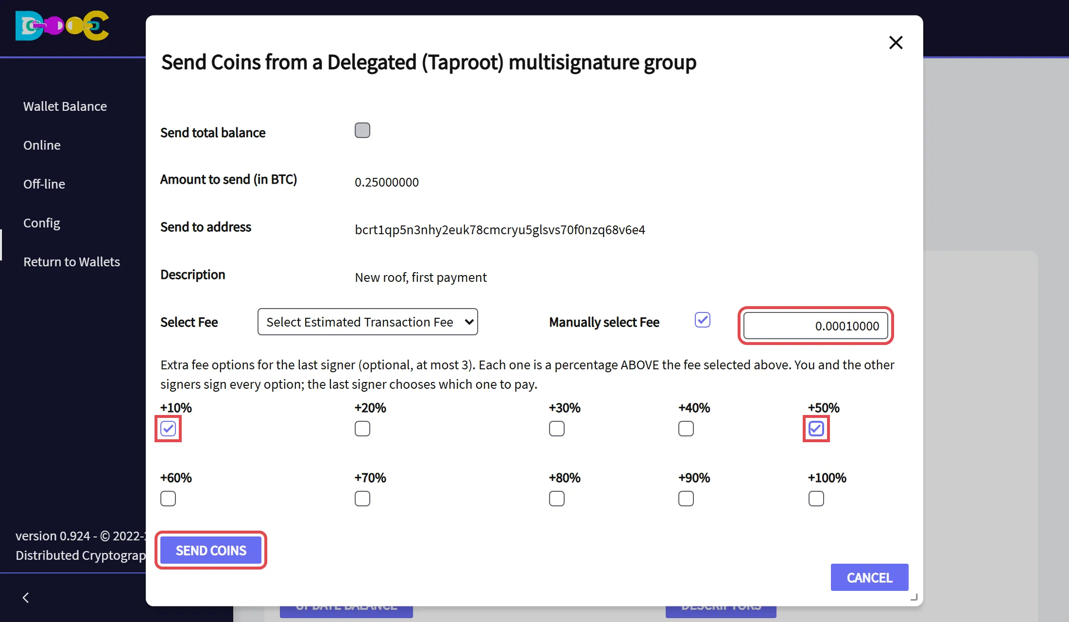 The fee, the extra fee options +10% and +50%, and the Send Coins button