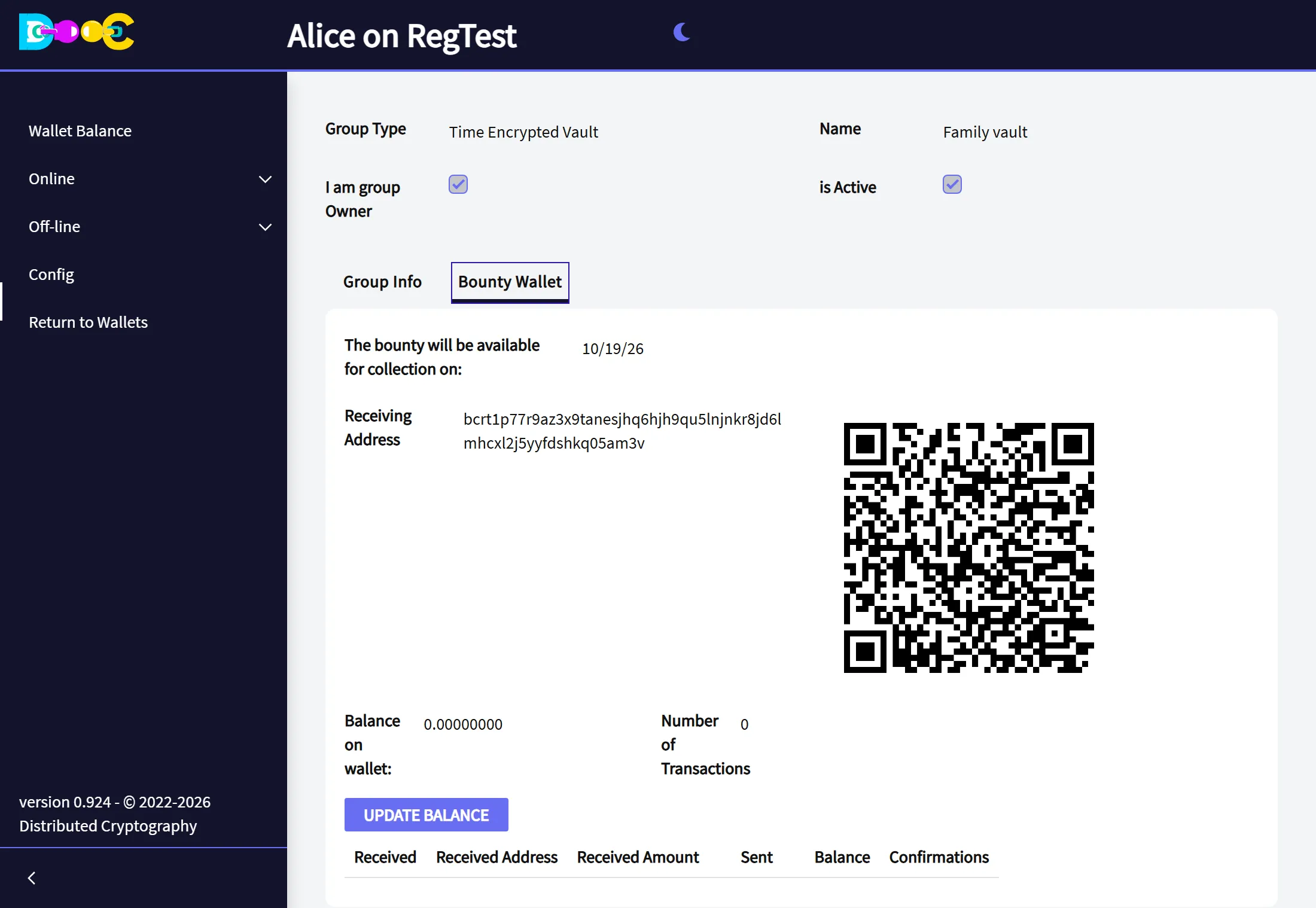 The Bounty Wallet tab with the address of the bounty