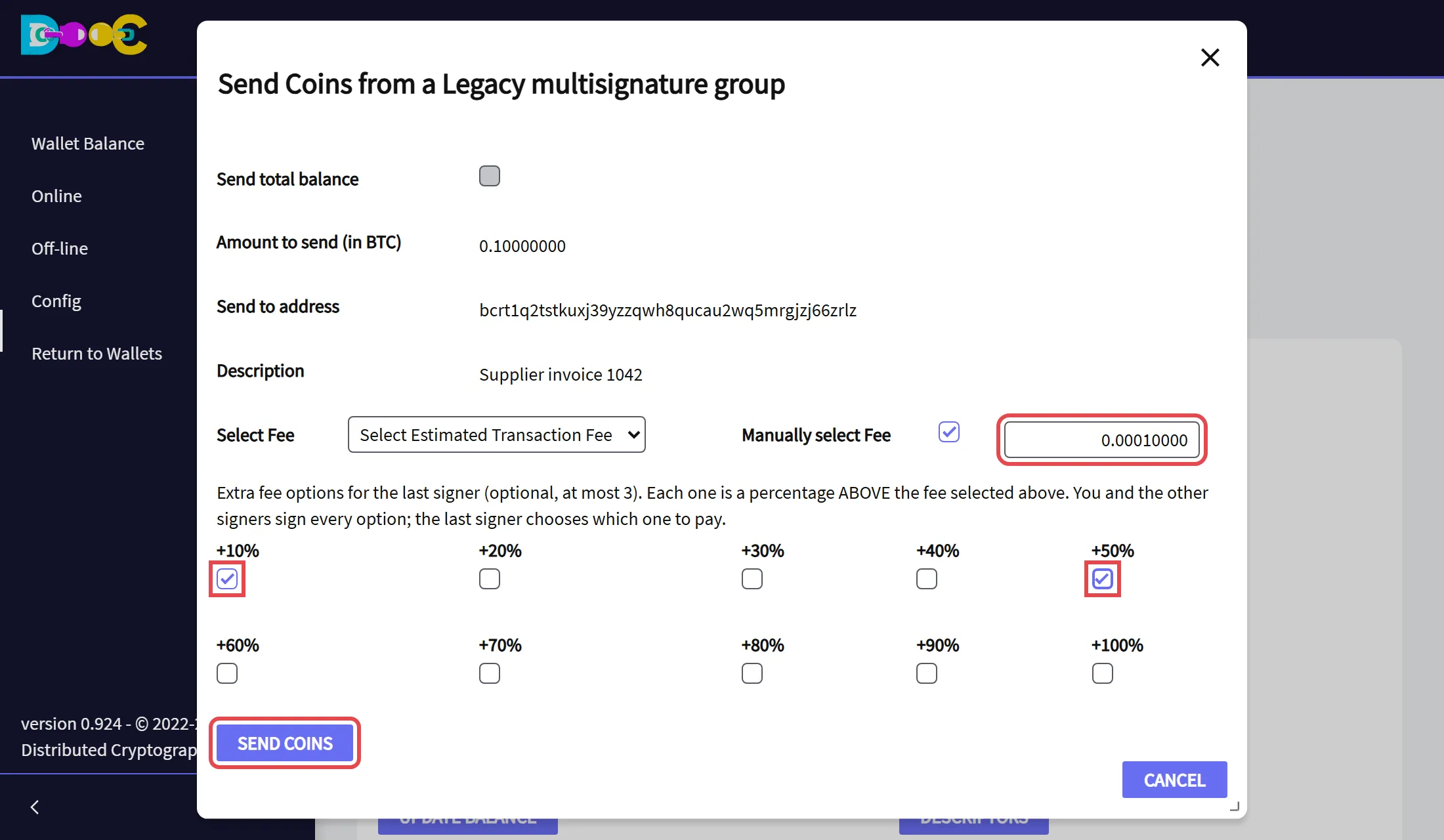 The fee, the extra fee options +10% and +50%, and the Send Coins button