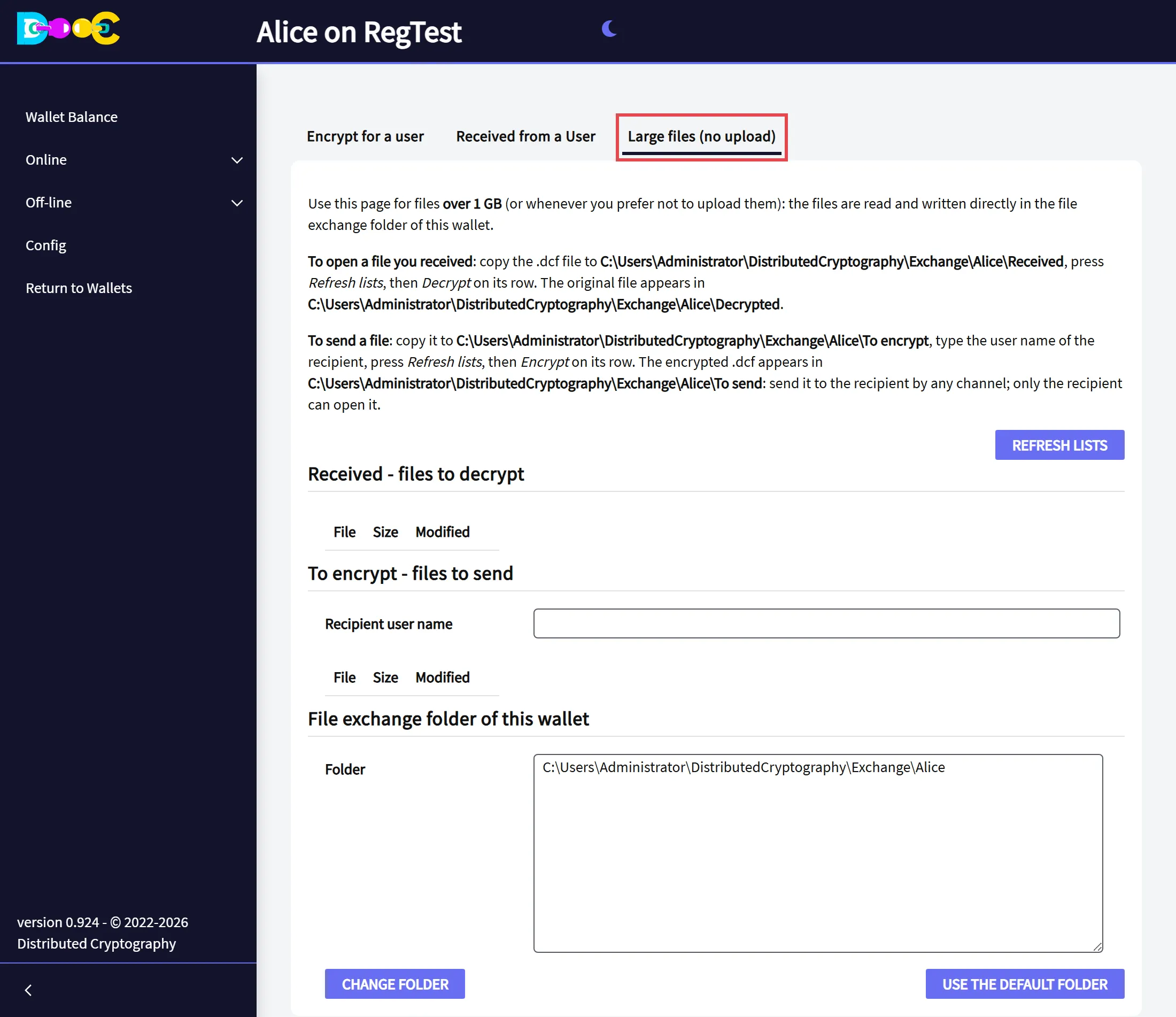 The tab Large files (no upload)
