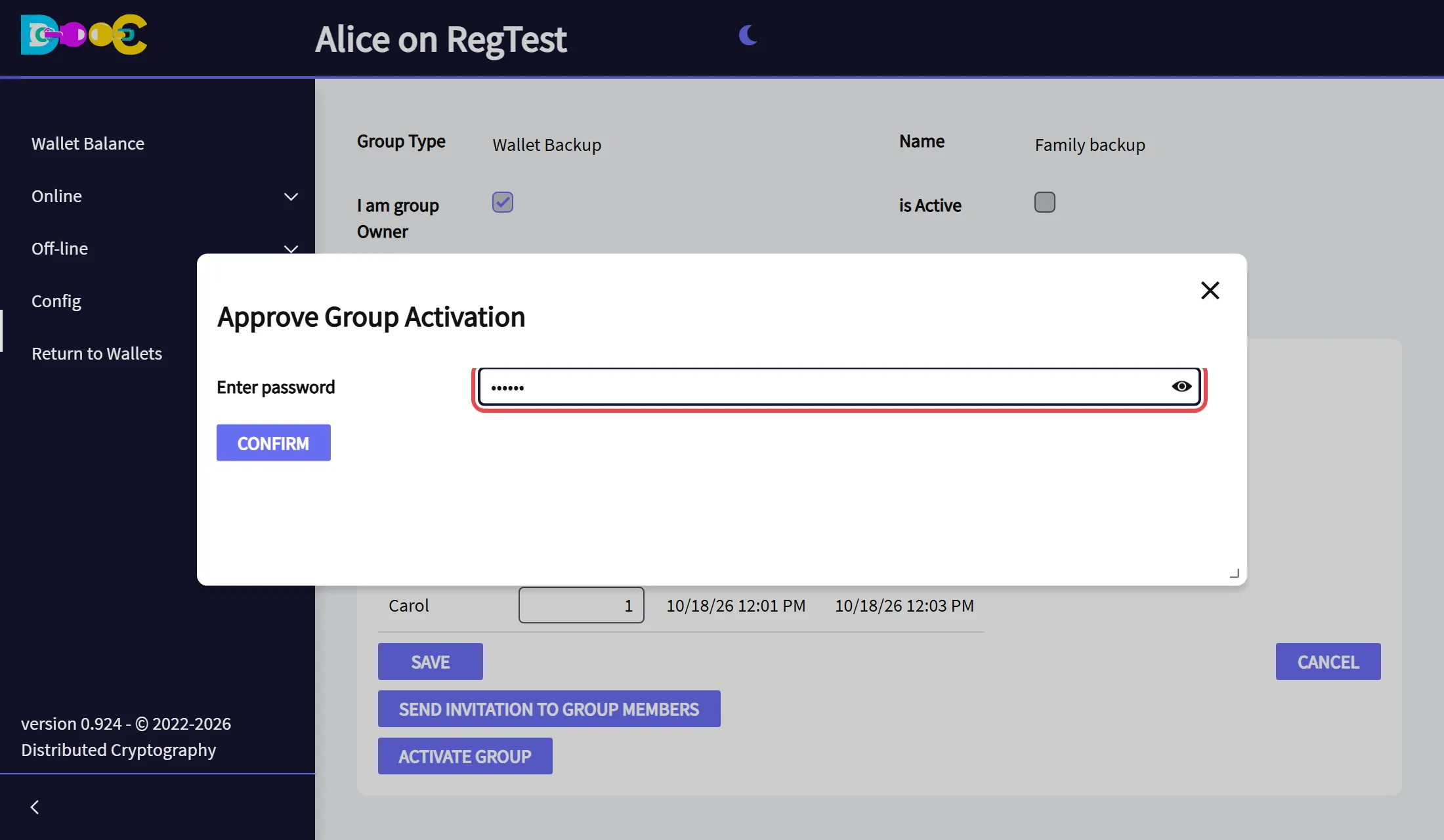 The window that asks for the password to activate the group
