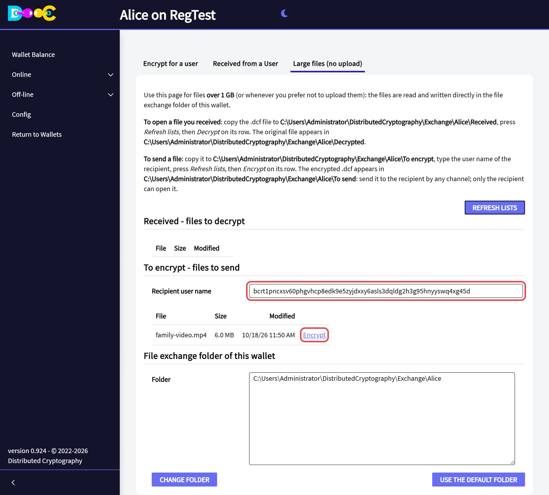 The file listed under To encrypt, with the Encrypt link