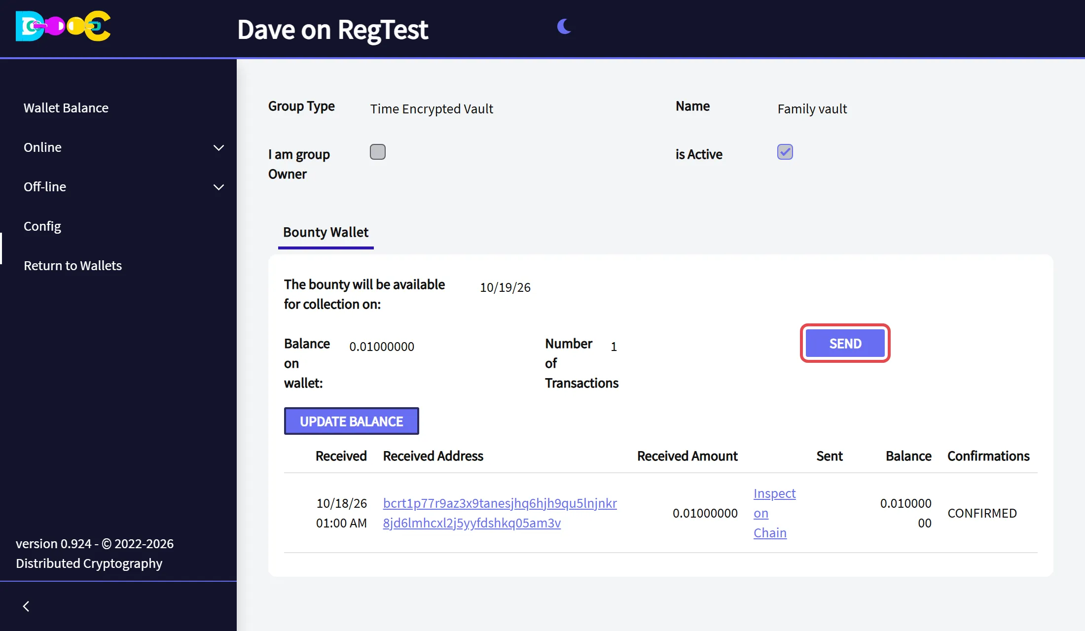 The Bounty Wallet tab of a bounty member, with the Send button
