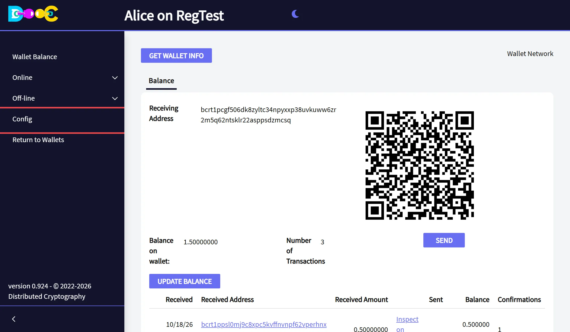 The menu of an open wallet with Config