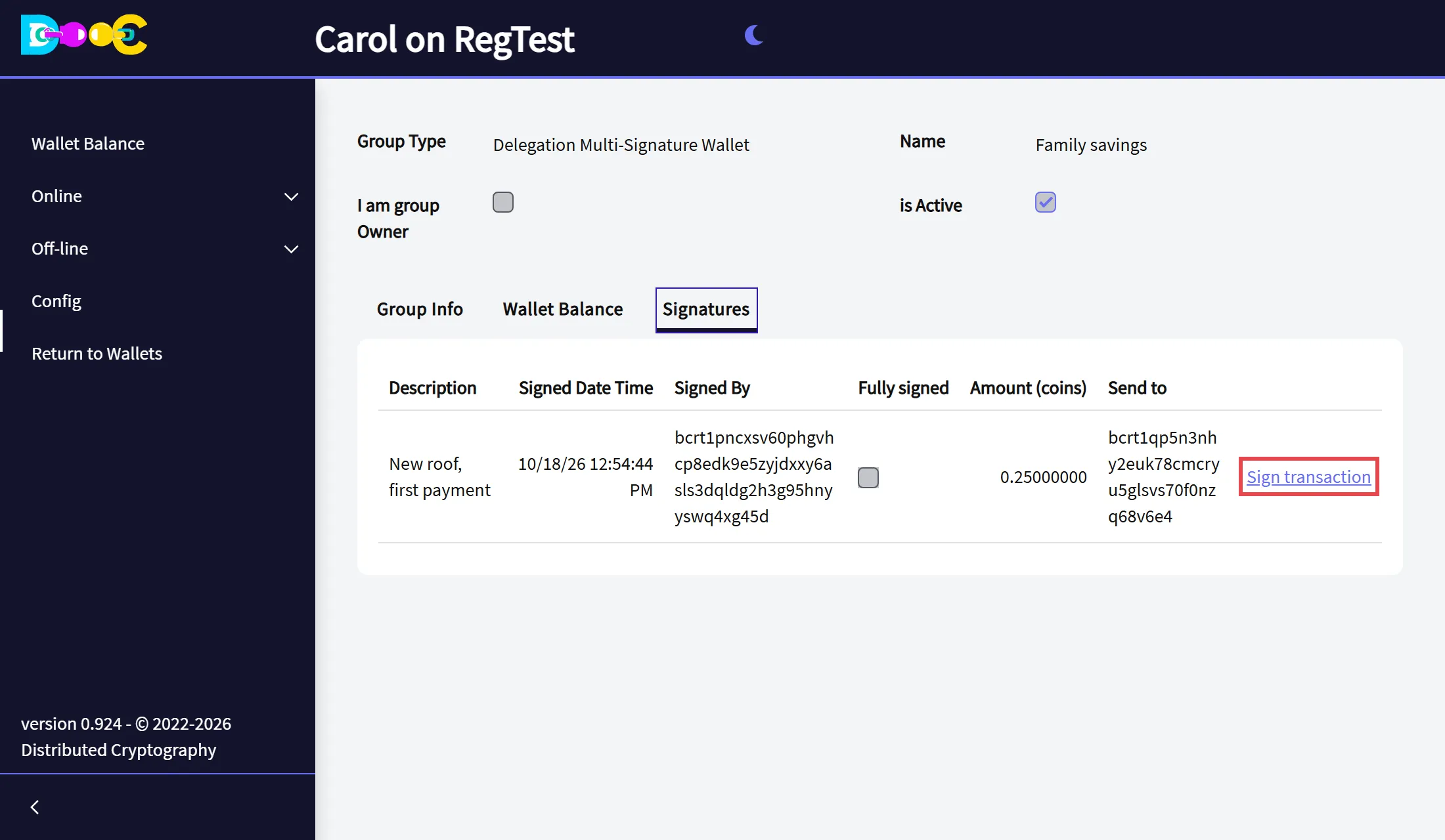 The payment waiting in the Signatures tab of another member, with the link Sign transaction