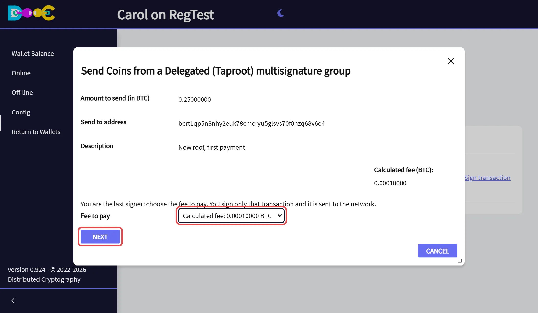 The payment to check before signing, with the fee options