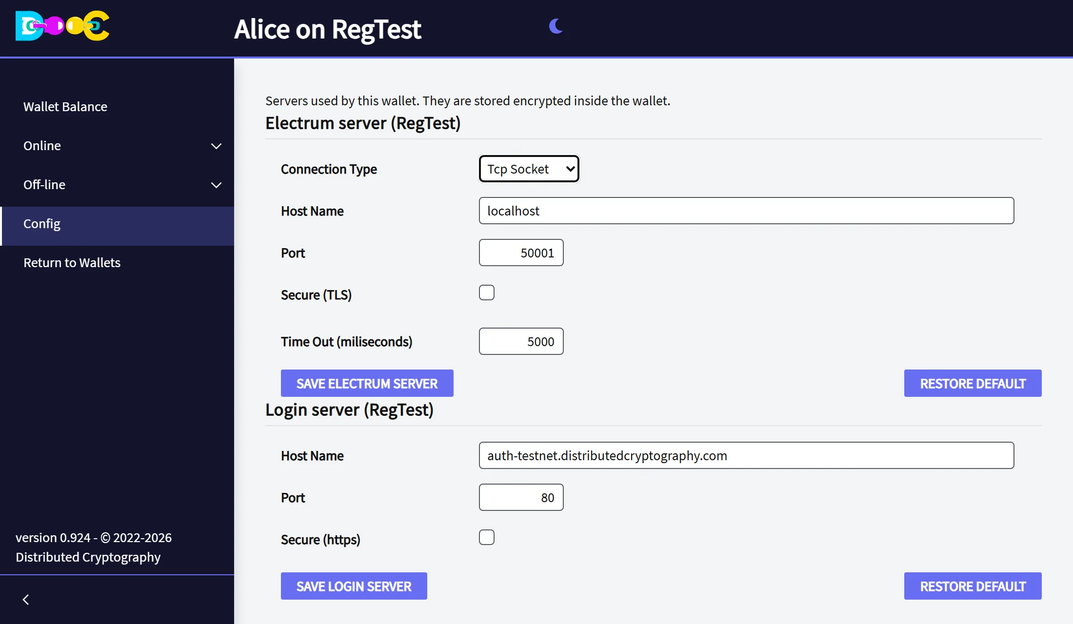 The Config page with the Electrum server and the login server