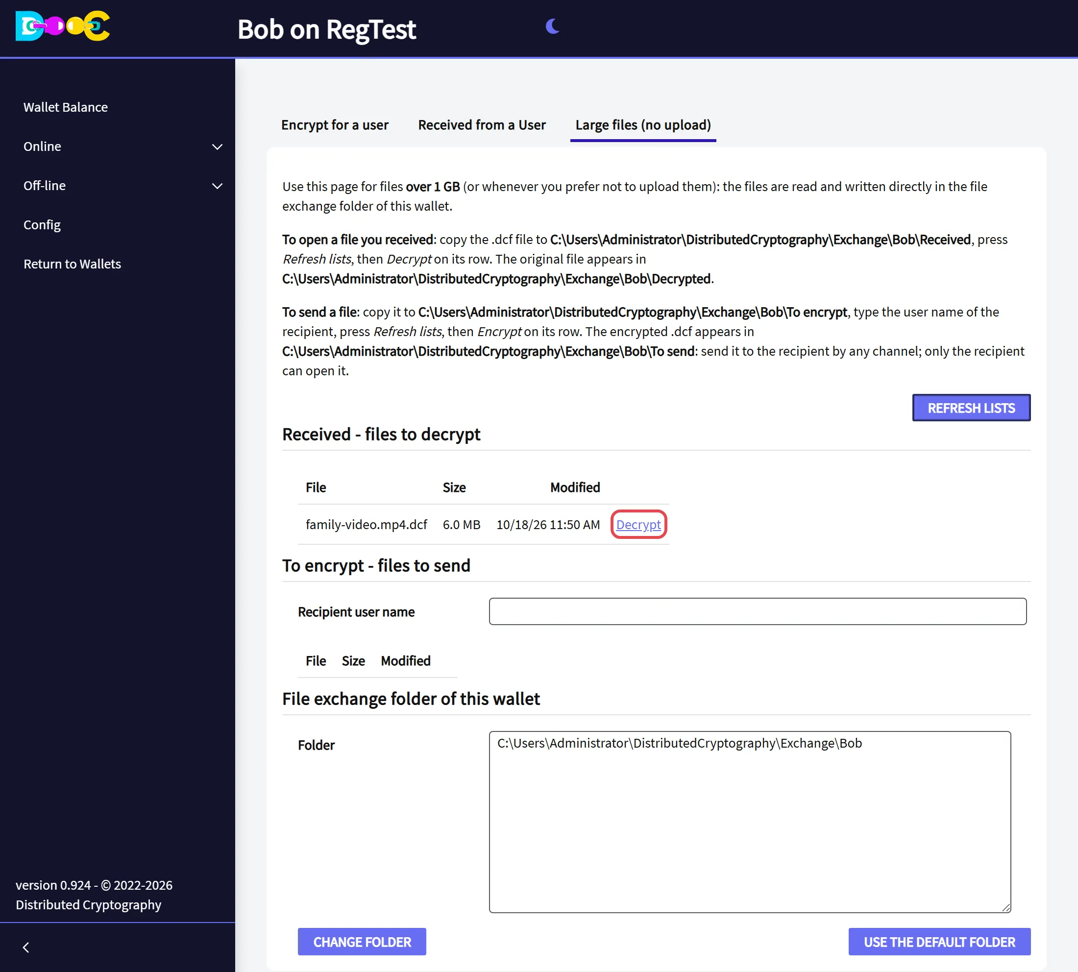 The file listed under Received, with the Decrypt link