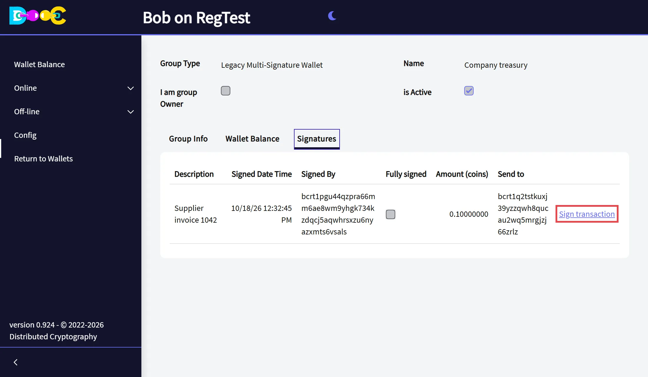 The payment waiting in the Signatures tab of another member, with the link Sign transaction