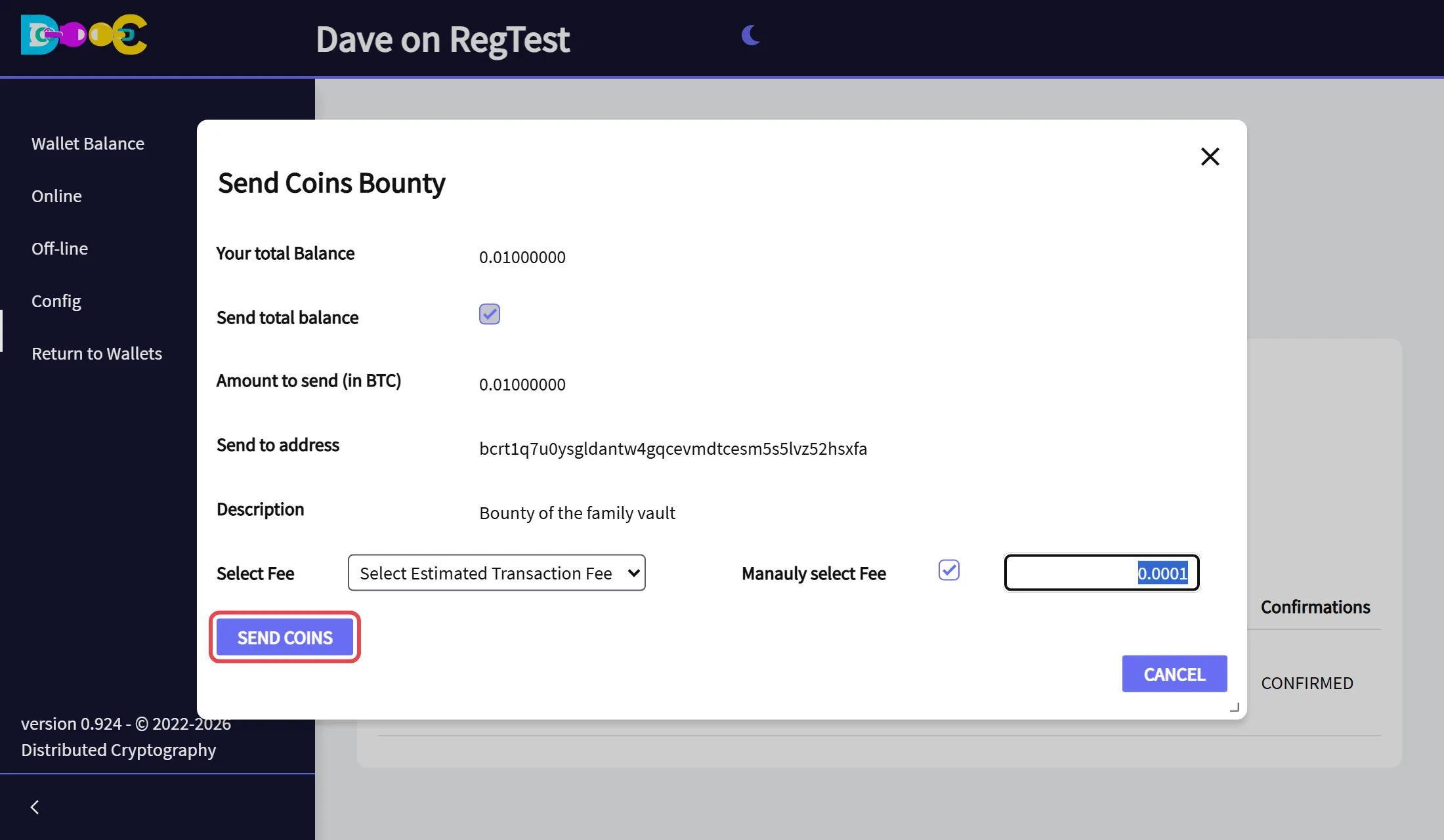 The fee and the Send Coins button