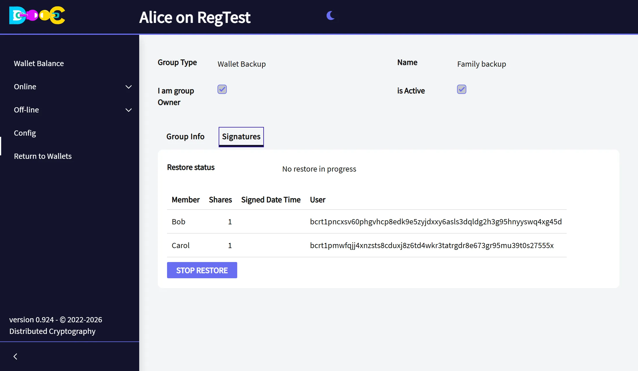 The Signatures tab of the owner with no restore in progress