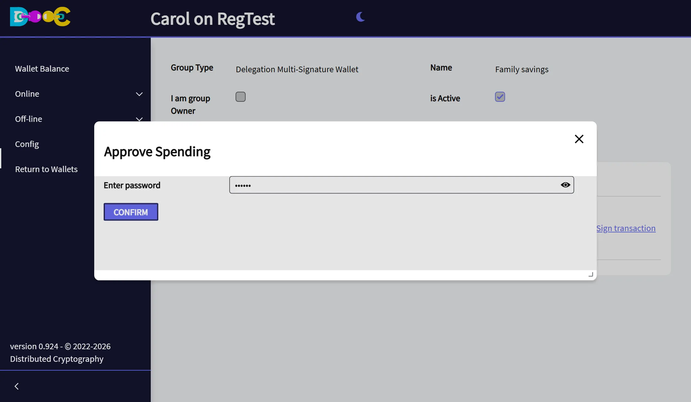 The Signatures tab of a group: two members have signed a payment and the app shows the message Transaction broadcast