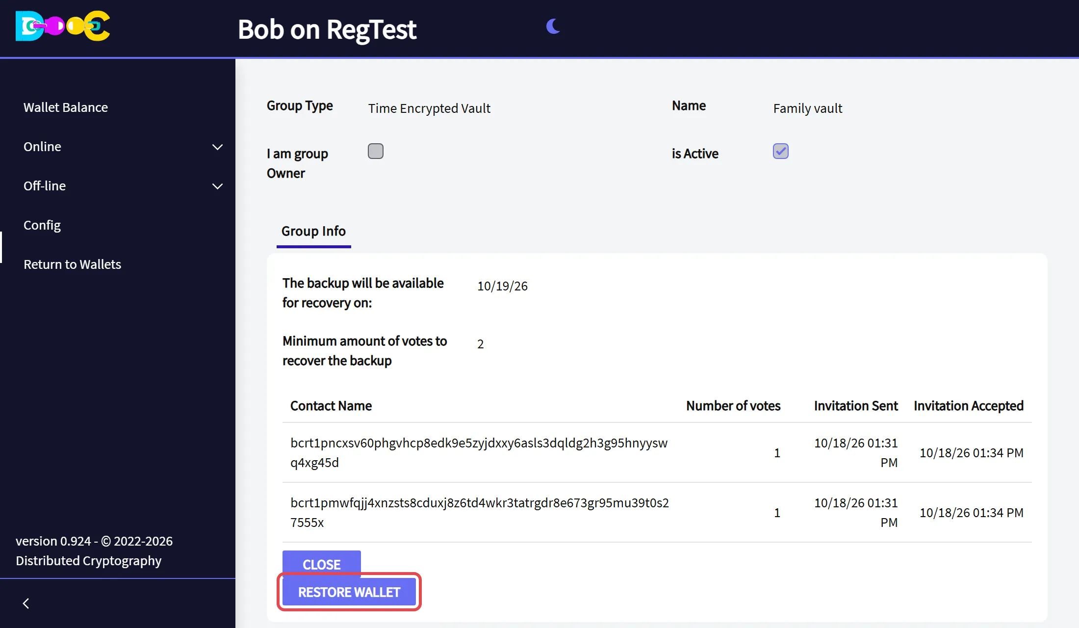 The vault as a member of the restore group sees it, with the button Restore Wallet