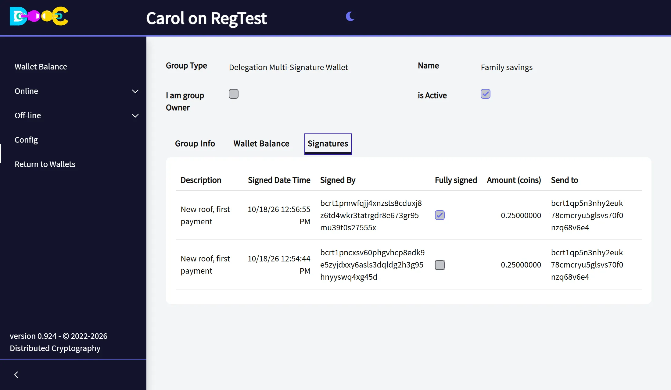 The payment fully signed in the Signatures tab