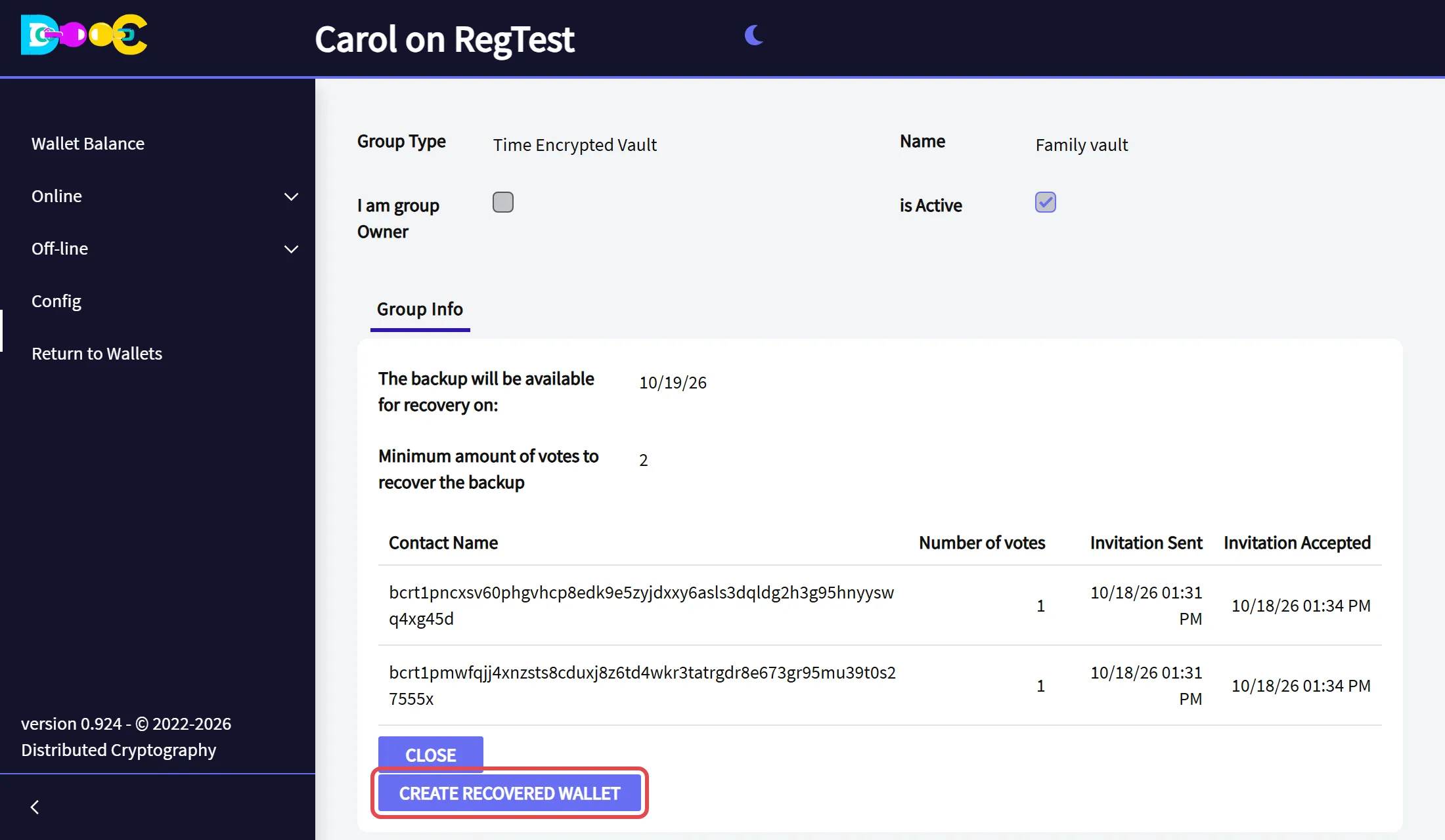 The button Create recovered wallet