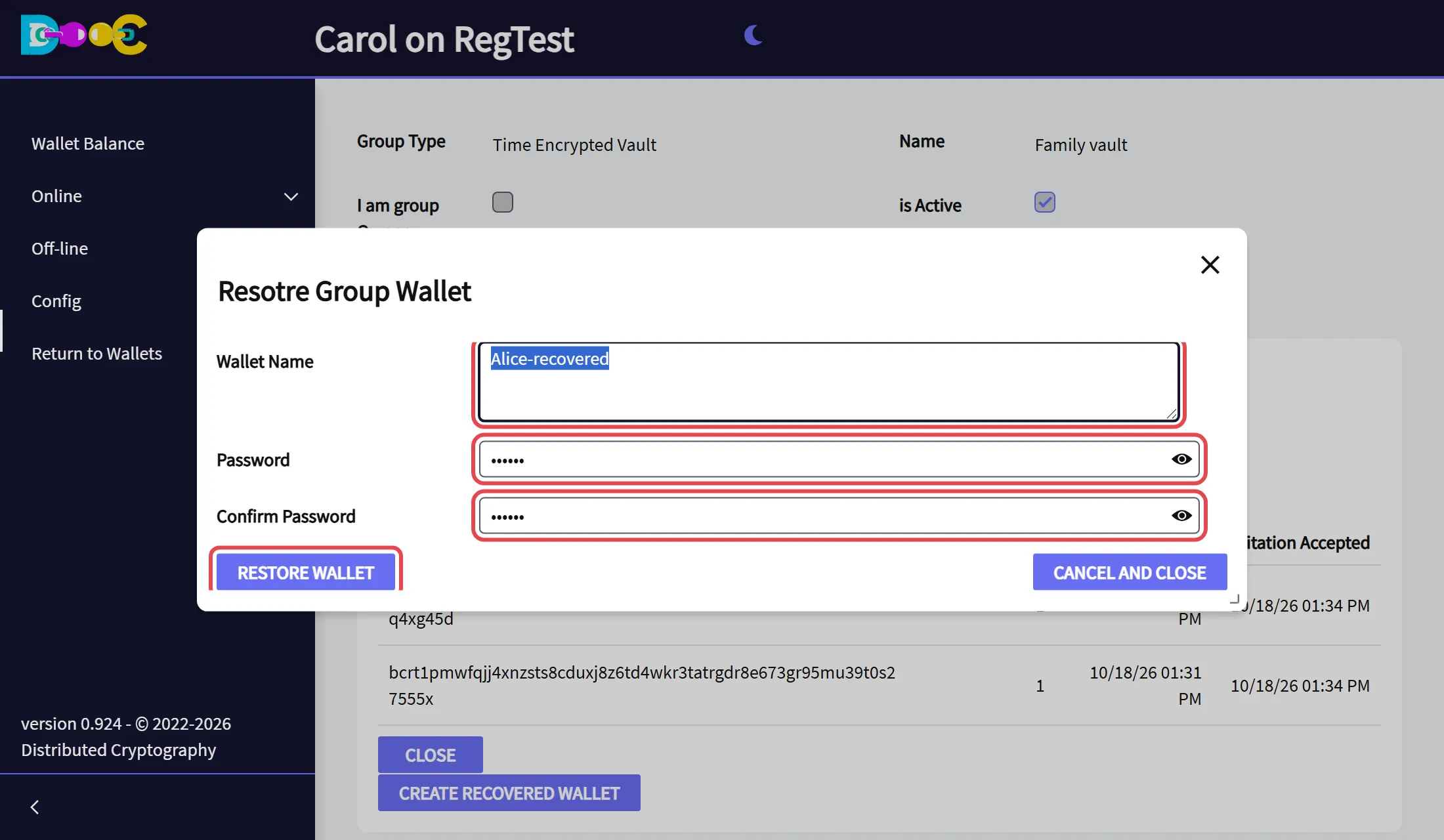 The name and the new password of the recovered wallet