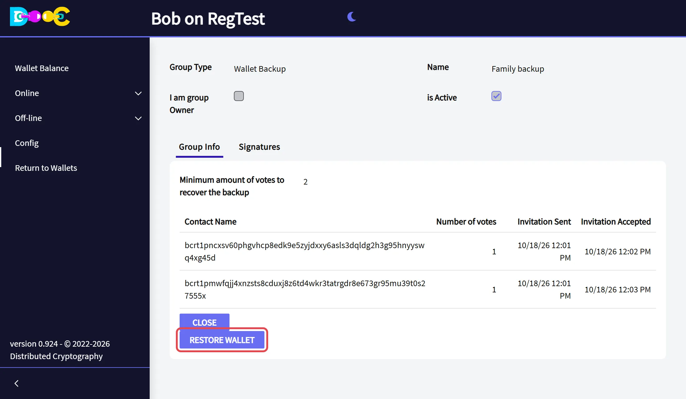 The group as a member sees it, with the button Restore Wallet