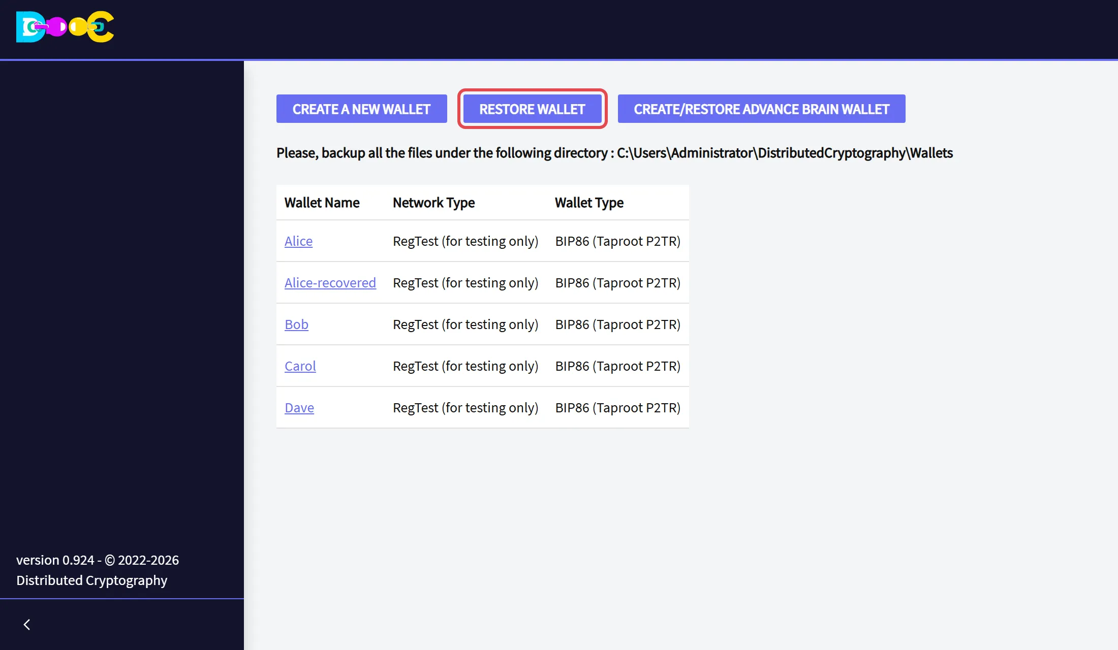 The wallets page with the button Restore Wallet