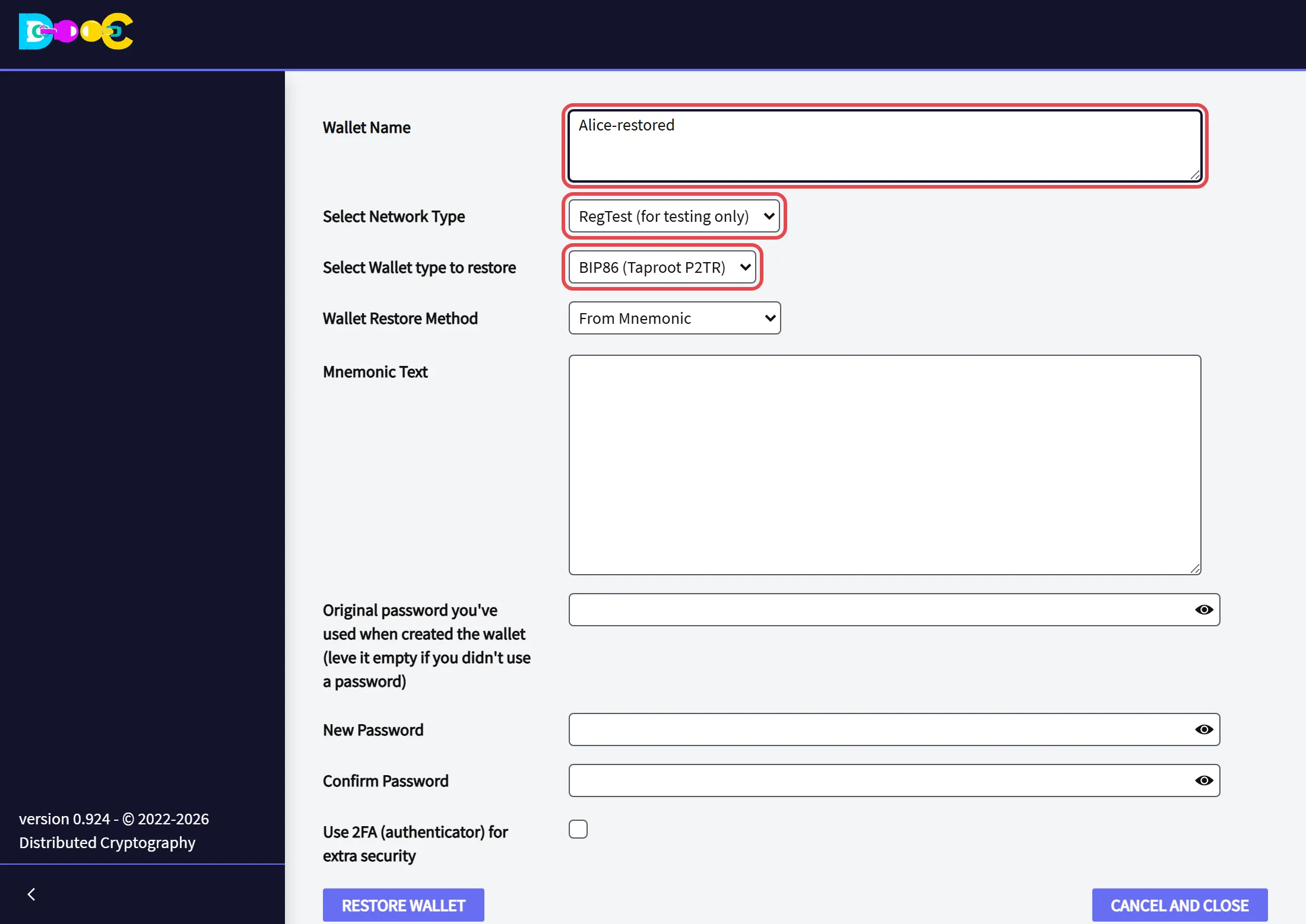 Name, network and wallet type