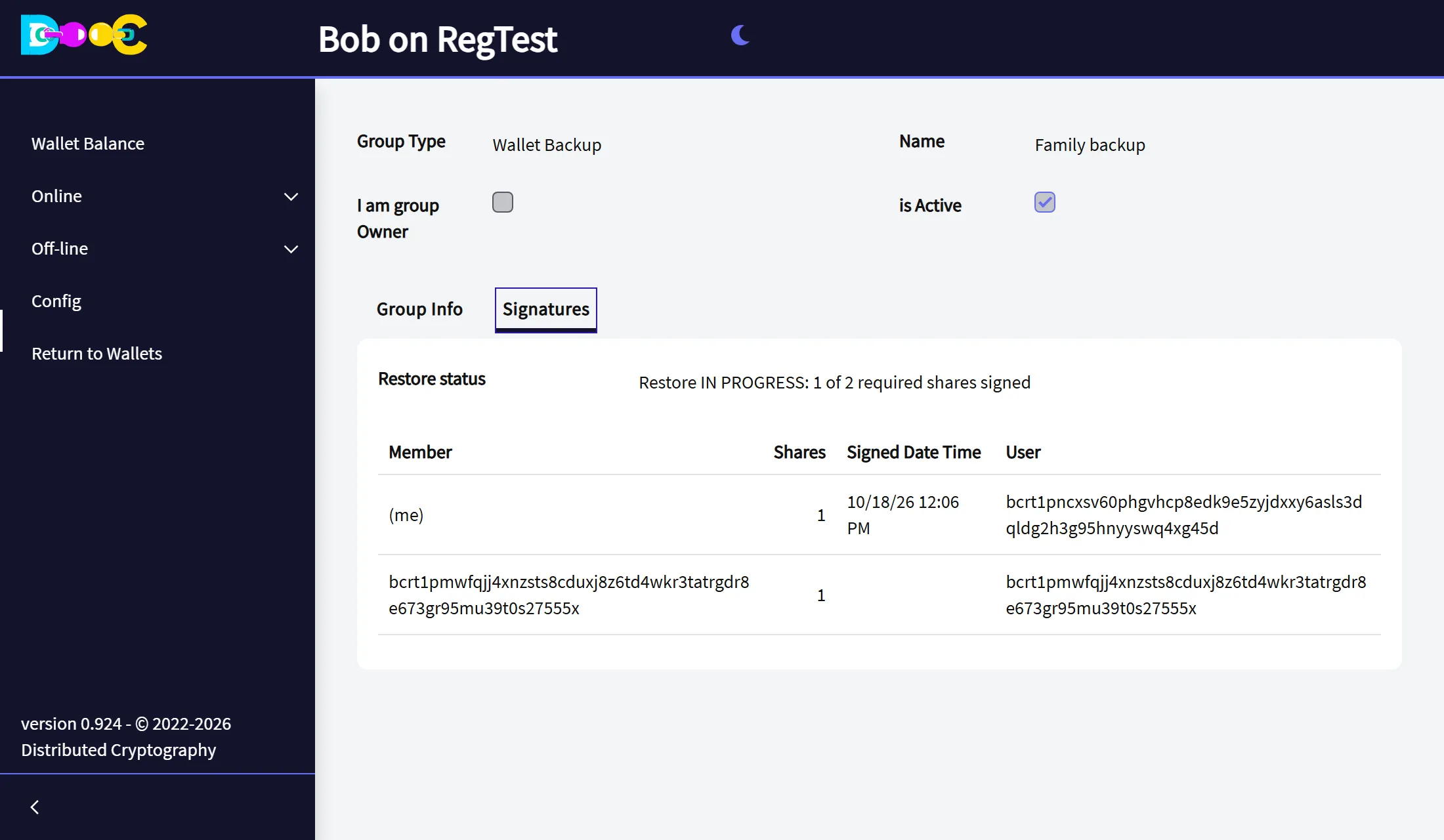 The Signatures tab as a member sees it: restore in progress
