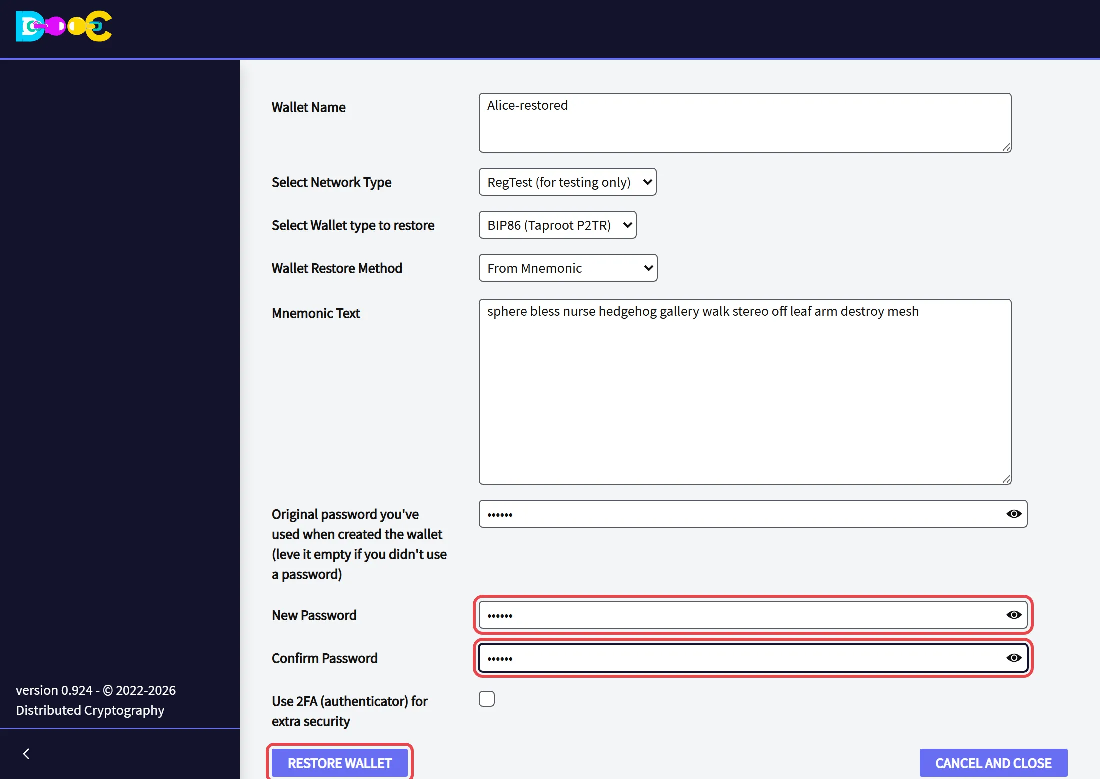 The new password and the Restore Wallet button