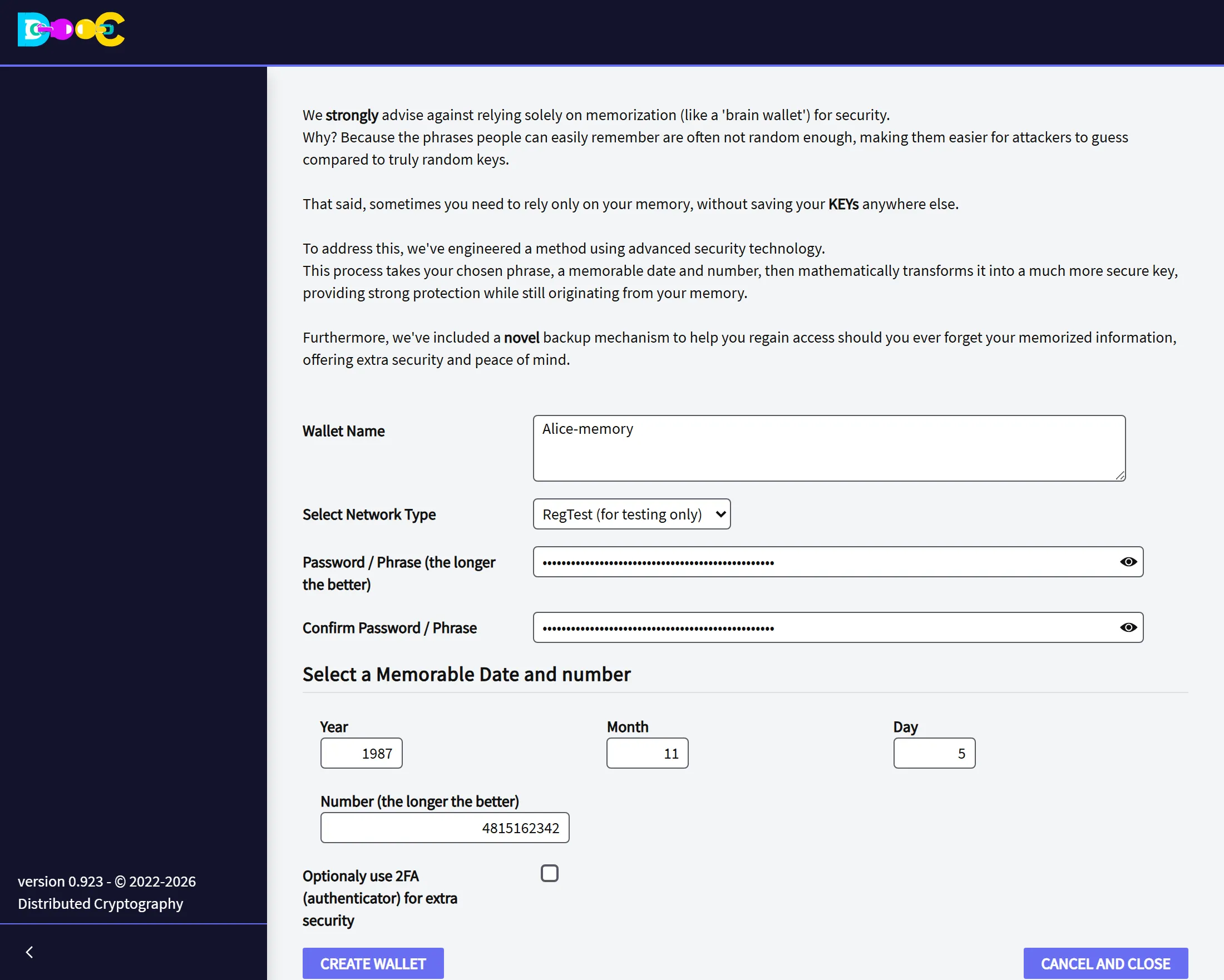 The Advance Brain Wallet page with the name, the phrase, the date and the number