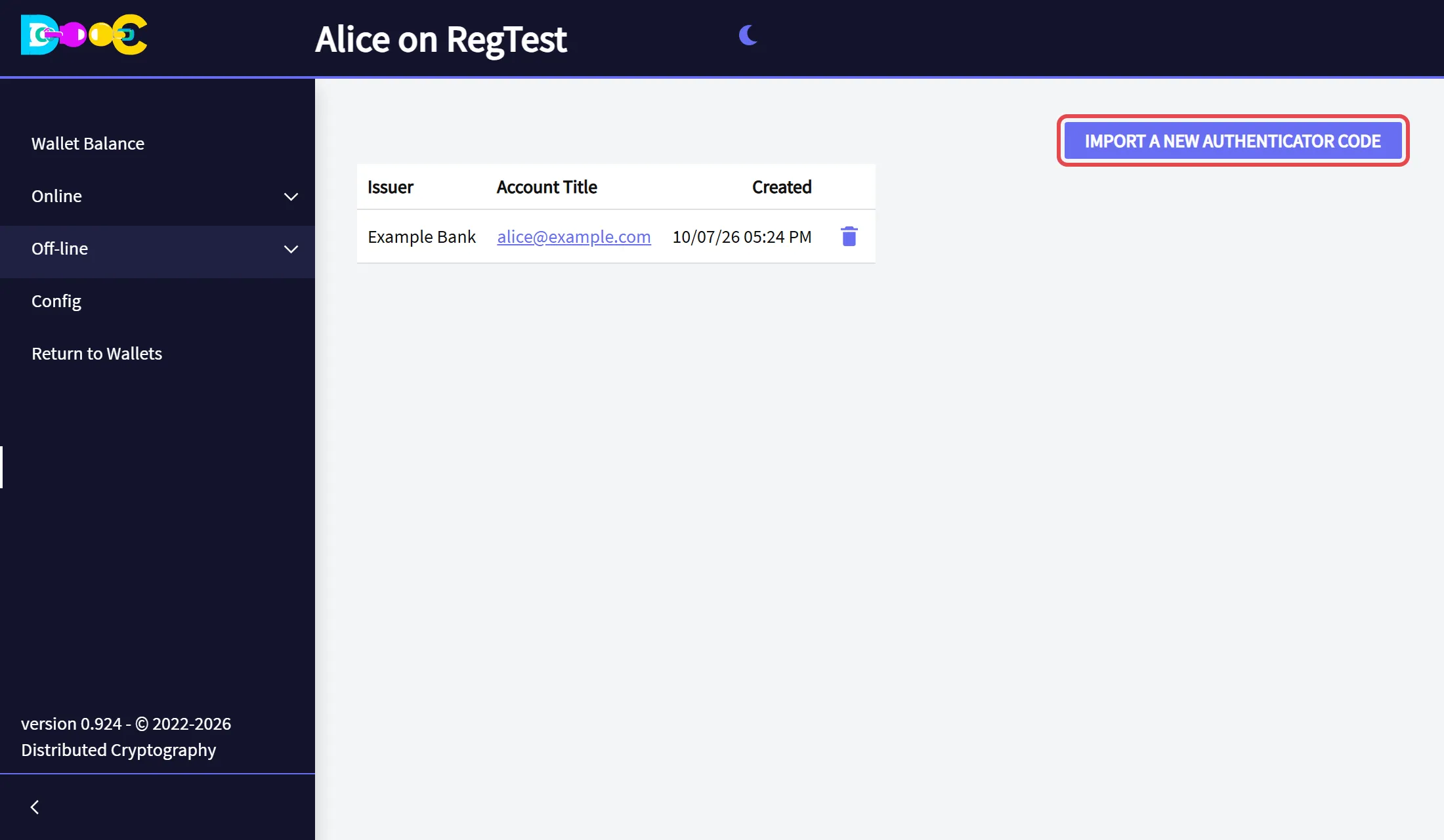 The Authenticators page with the button Import a new Authenticator Code