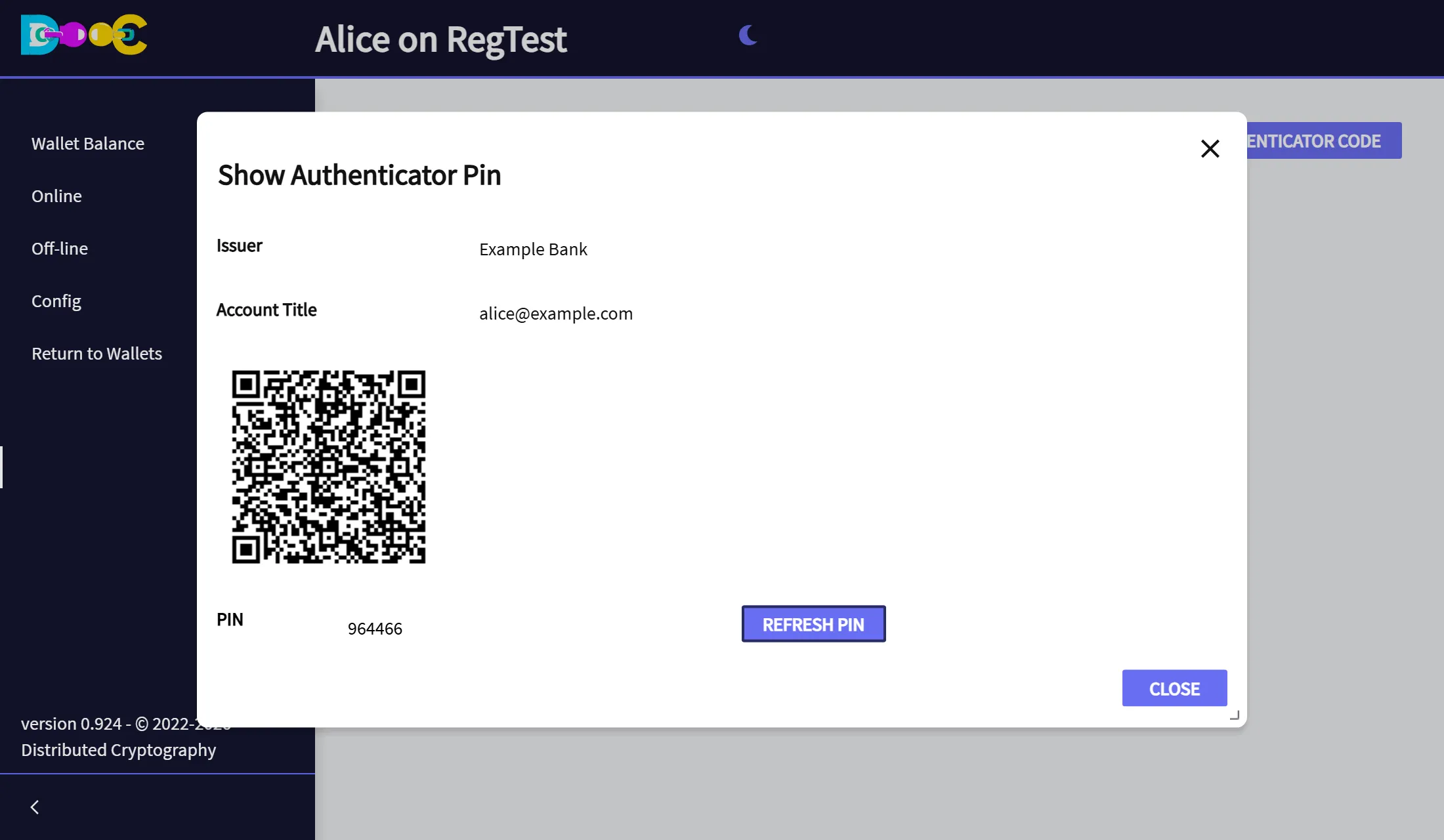 The window with the QR code and the current PIN