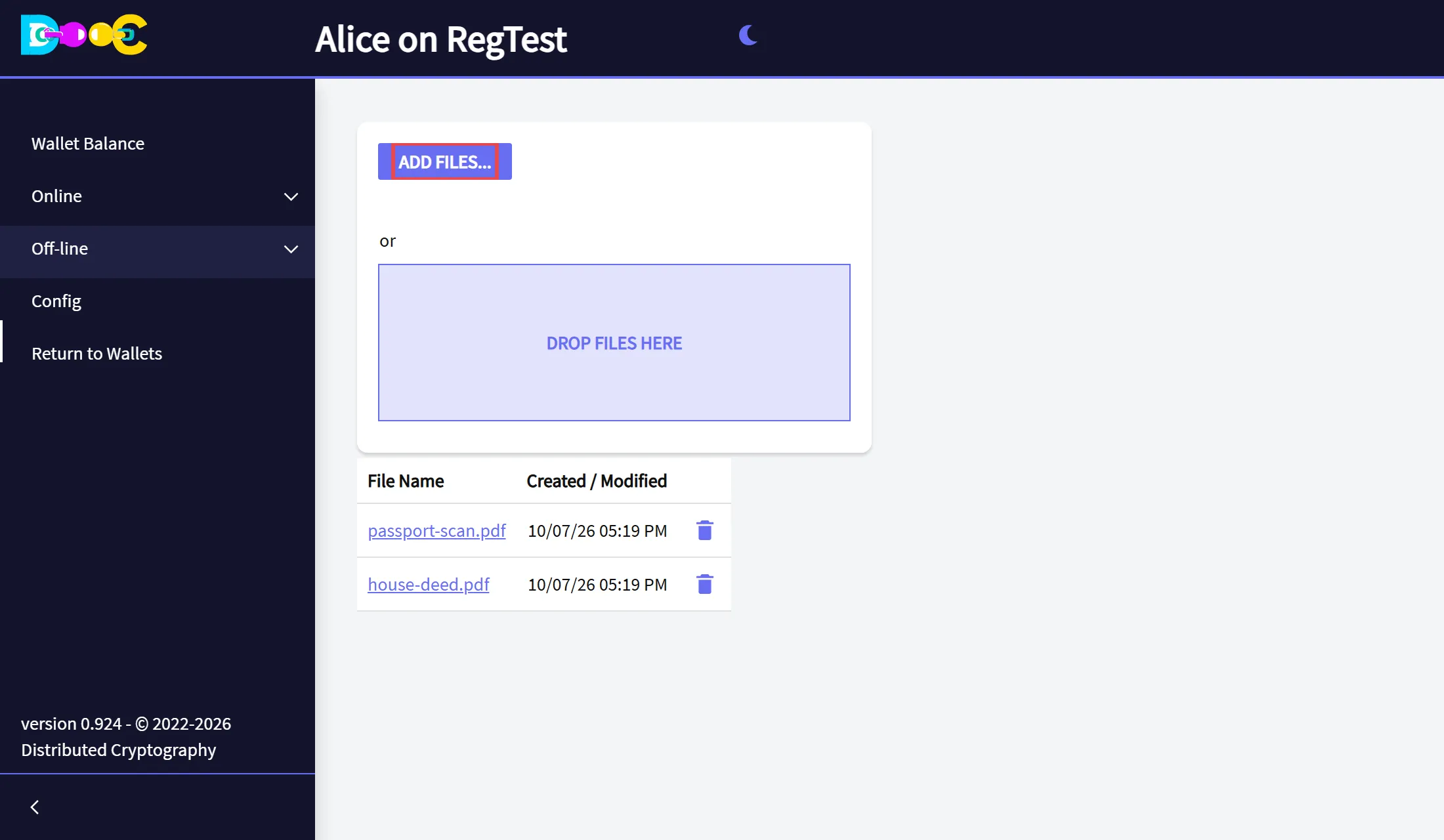 The Encrypted Files page with the Add files button