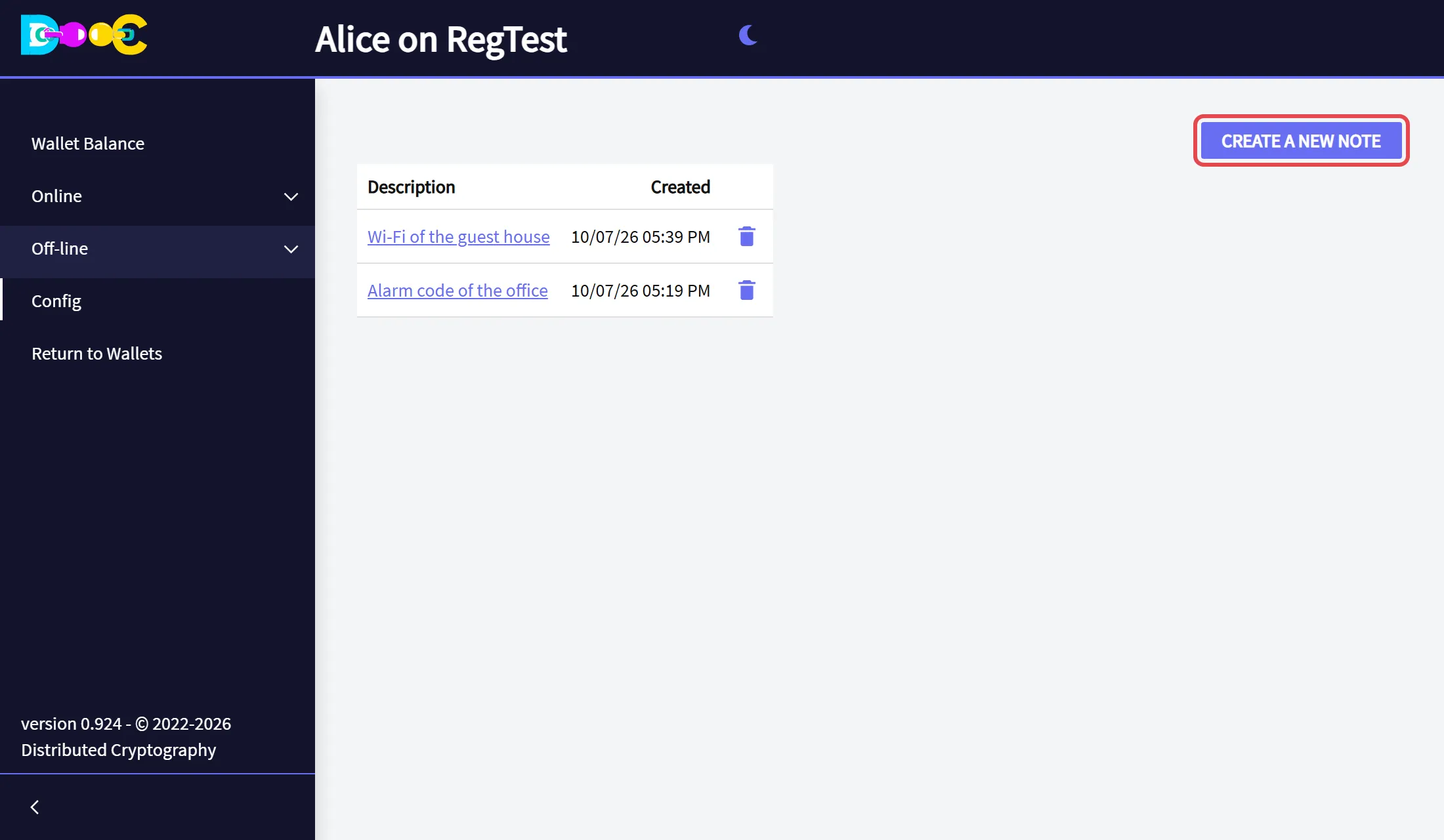 The Encrypted Notes page with the button Create a new note