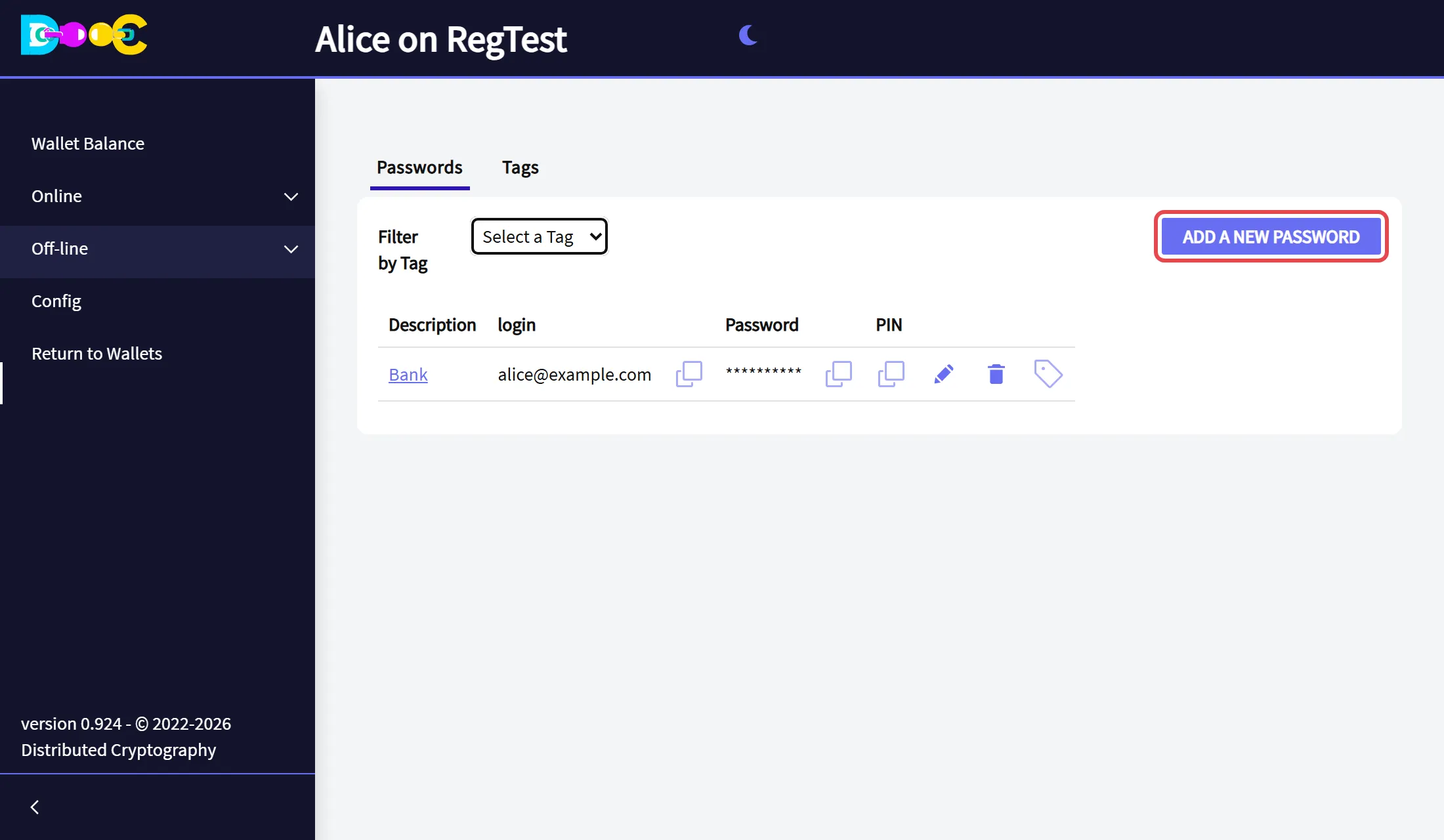 The Encrypted Passwords page with the button Add a new password