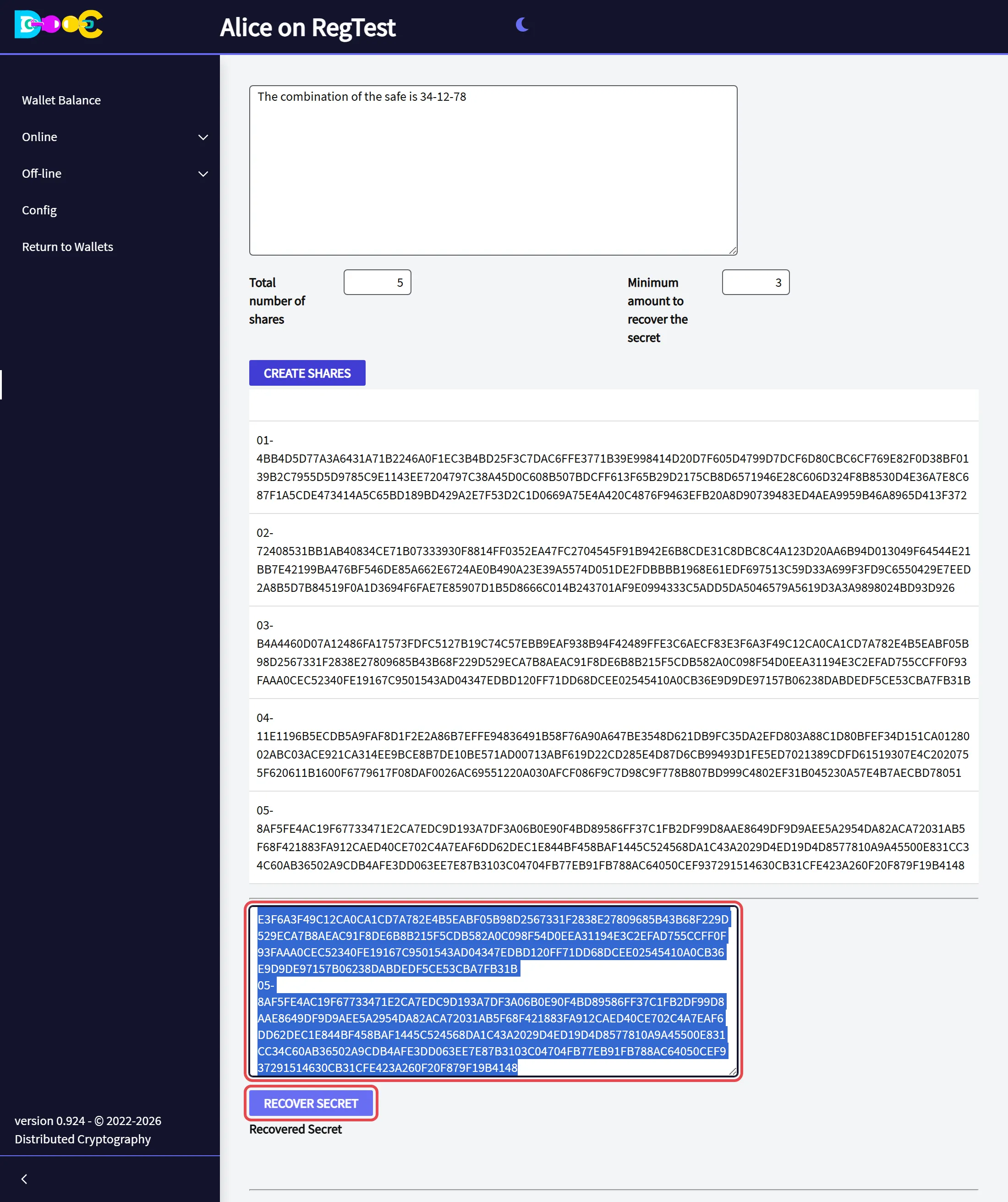 Three shares pasted in the box, and the Recover Secret button